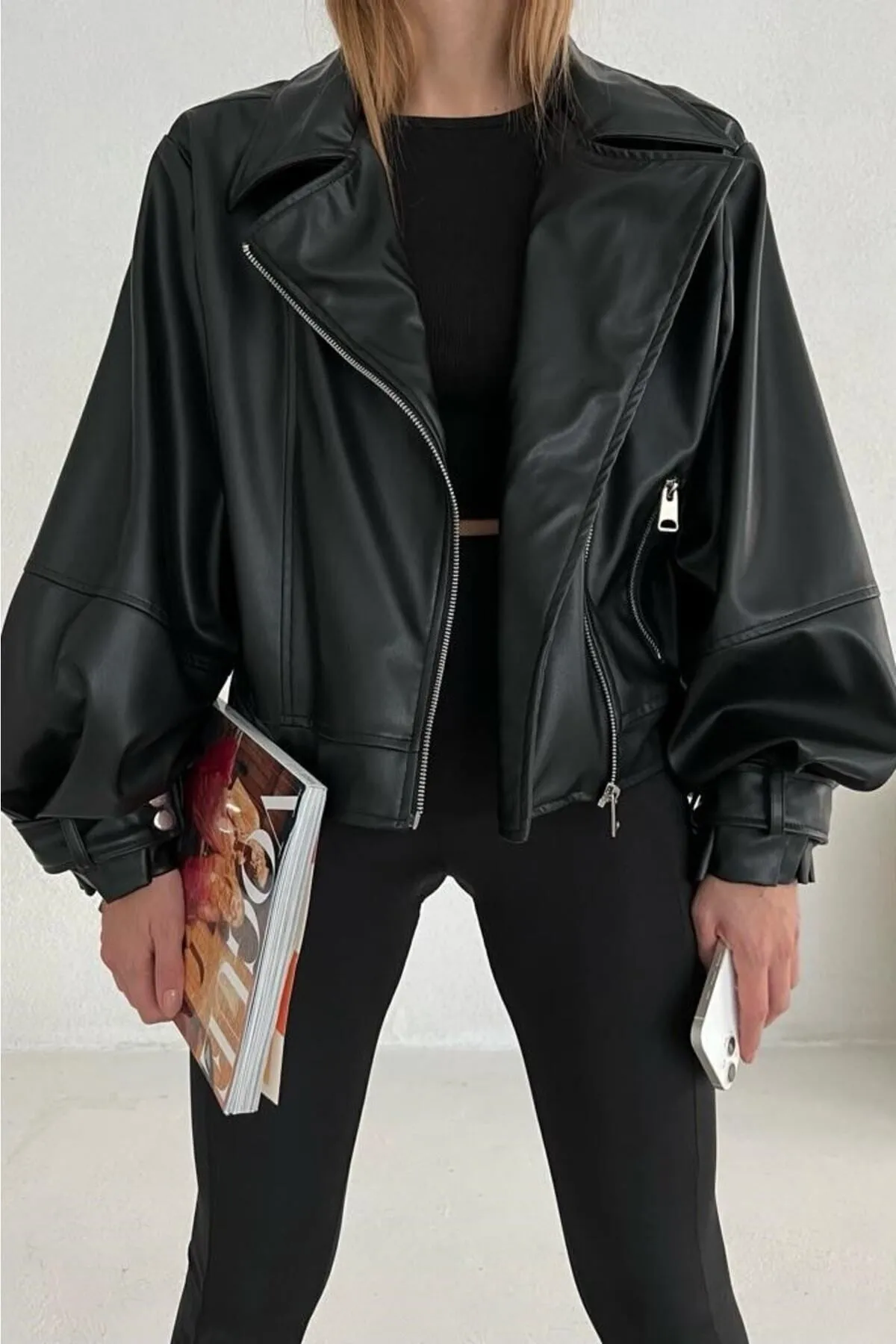 Laleli Butik  Schwarze Oversize-Lederjacke für Damen