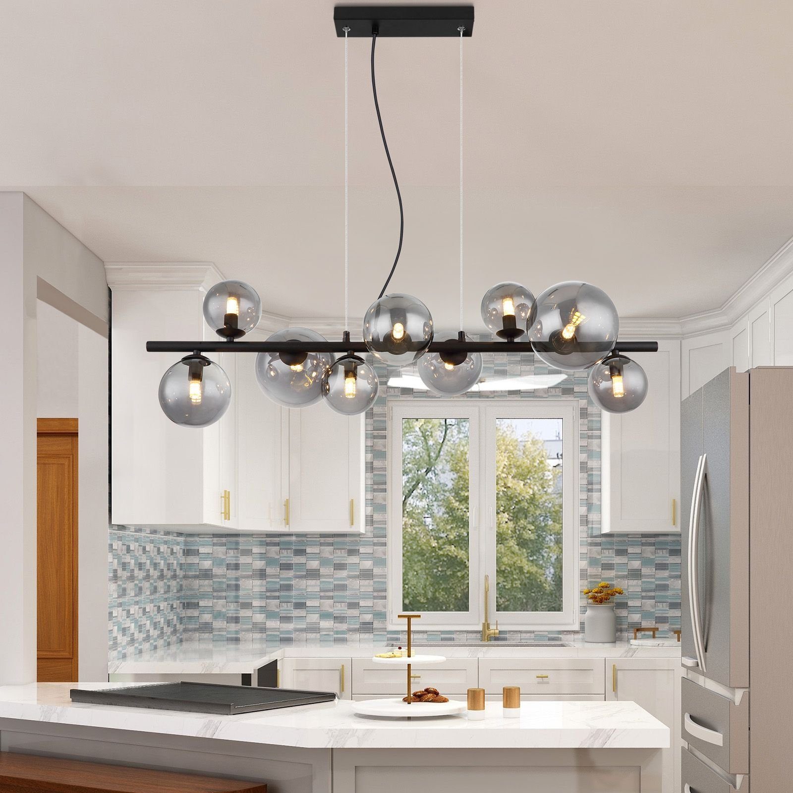 Globo Hängeleuchte GLOBO Hängeleuchte Esszimmer LED Hängelampe Rauchglas Pendelleuchte, Glas, Kugeln, 9 flammig, modern, LED wechselbar, Warmweiß, Wohnzimmer, Schlafzimmer, Pendellampe