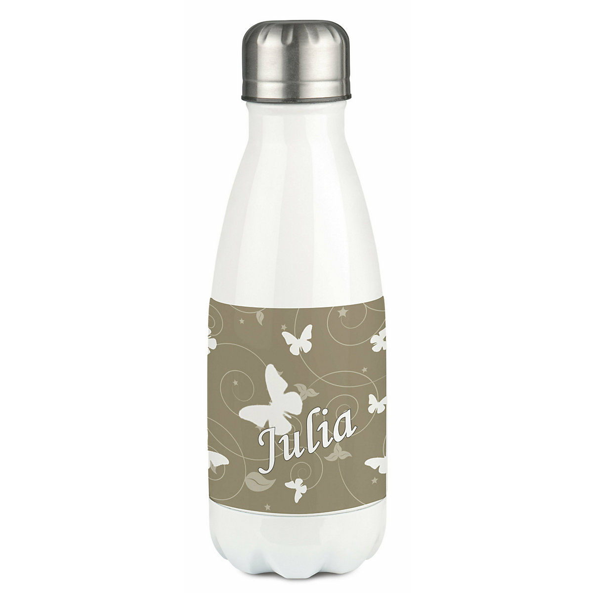 Edelstahl Kinder Thermoflasche / Trinkflasche bunt Schmetterling Ornamente Farbe cappuchino Spülmaschinenfest, Auslaufsicher, Bruchfest, Doppelwandig, Für Heißgetränke geeignet, Mit Deckel, Isolie