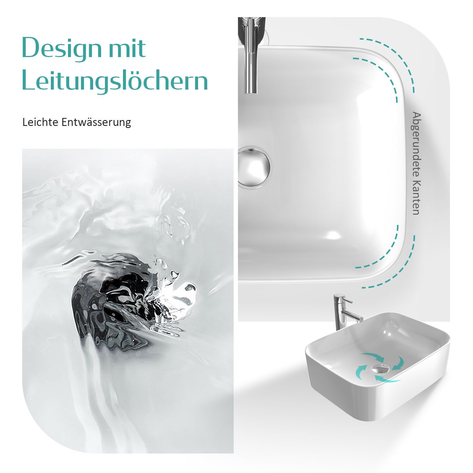 EMKE Aufsatzwaschbecken Eckiger Waschbecken Keramik Waschbecken Waschtisch Weiß Glänzend