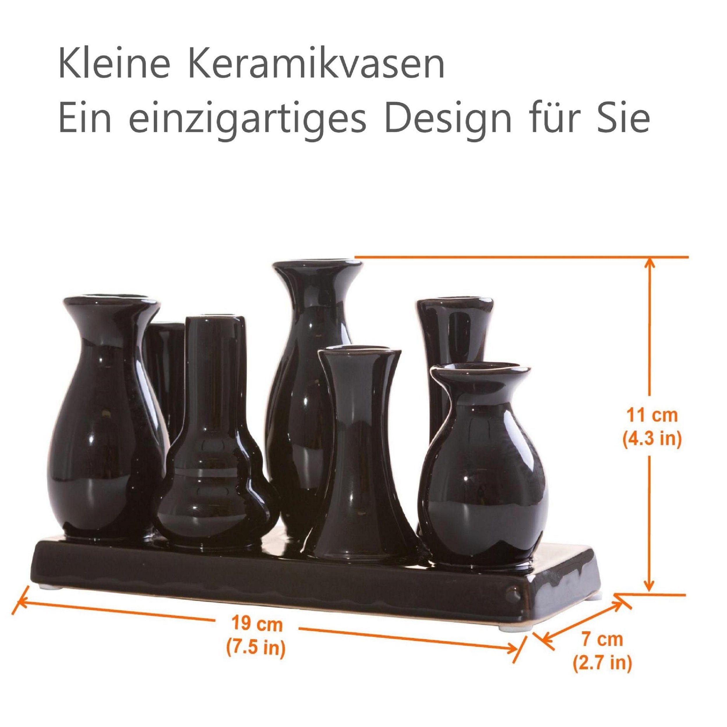 Jinfa Dekovase Handgefertigte kleine Keramik Deko Blumenvasen (7 Vasen Set schwarz), verbunden auf auf einem Tablett