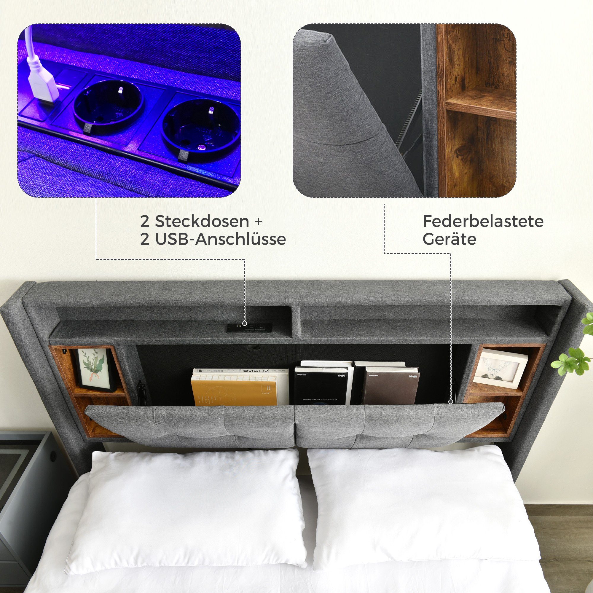 Flieks Polsterbett, LED-Beleuchtung Doppelbett mit Steckdose 140x200cm Leinen