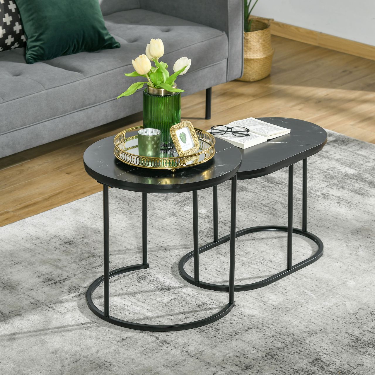 HOMCOM 2er Set Couchtisch Satztisch Rund mit Faux Marmor Seite bis 30 kg Schwarz