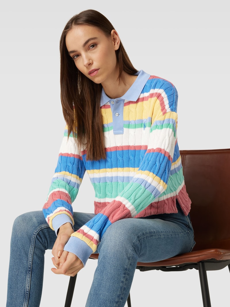Strickpullover mit Streifenmuster und Logo-Stitching in blau