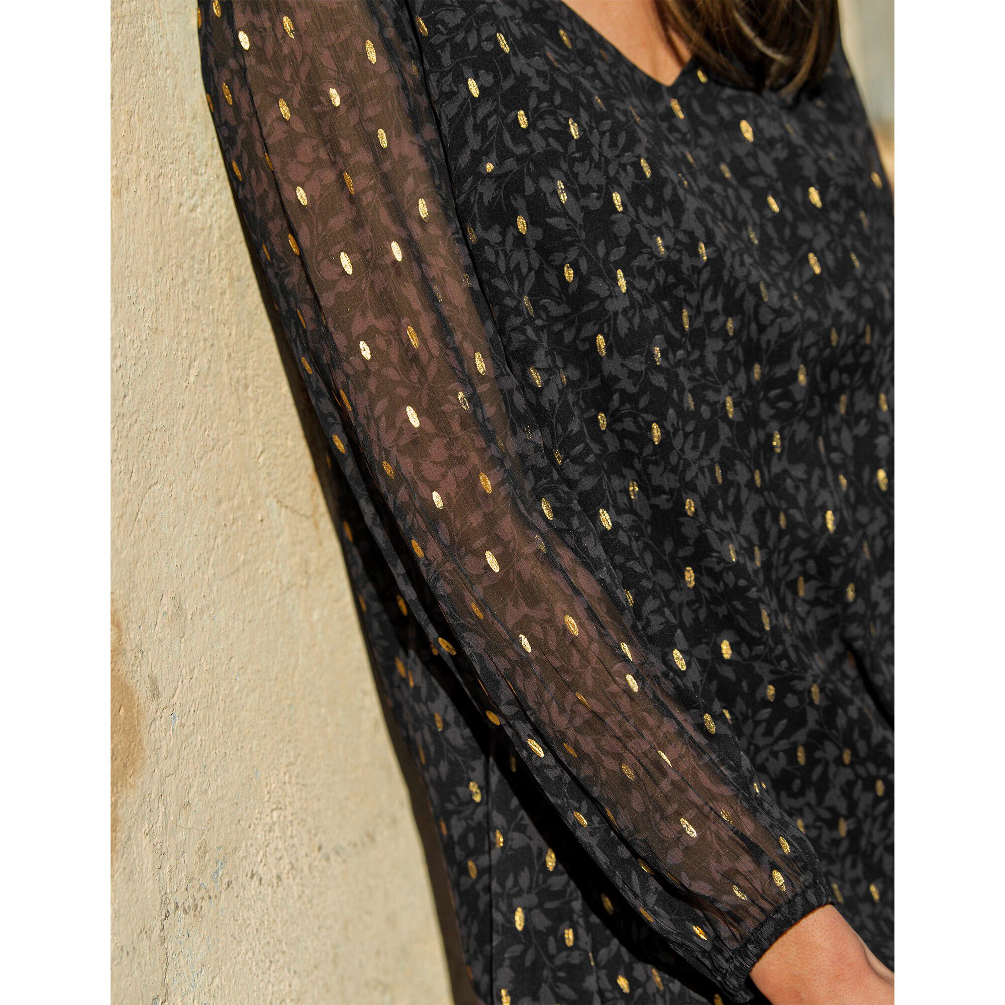 Robe évasée voile imprimé doré