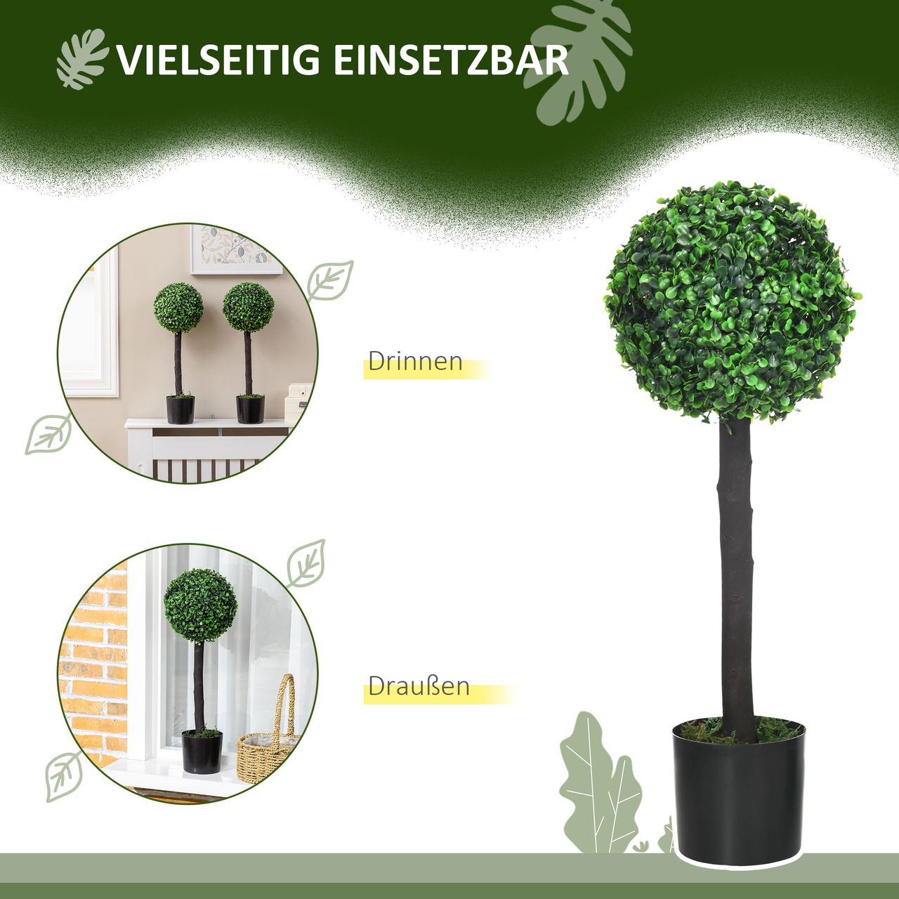 HOMCOM Künstliche Pflanzen, 2er-Set UV-beständige Zimmerpflanze, 60 cm Buchsbaum