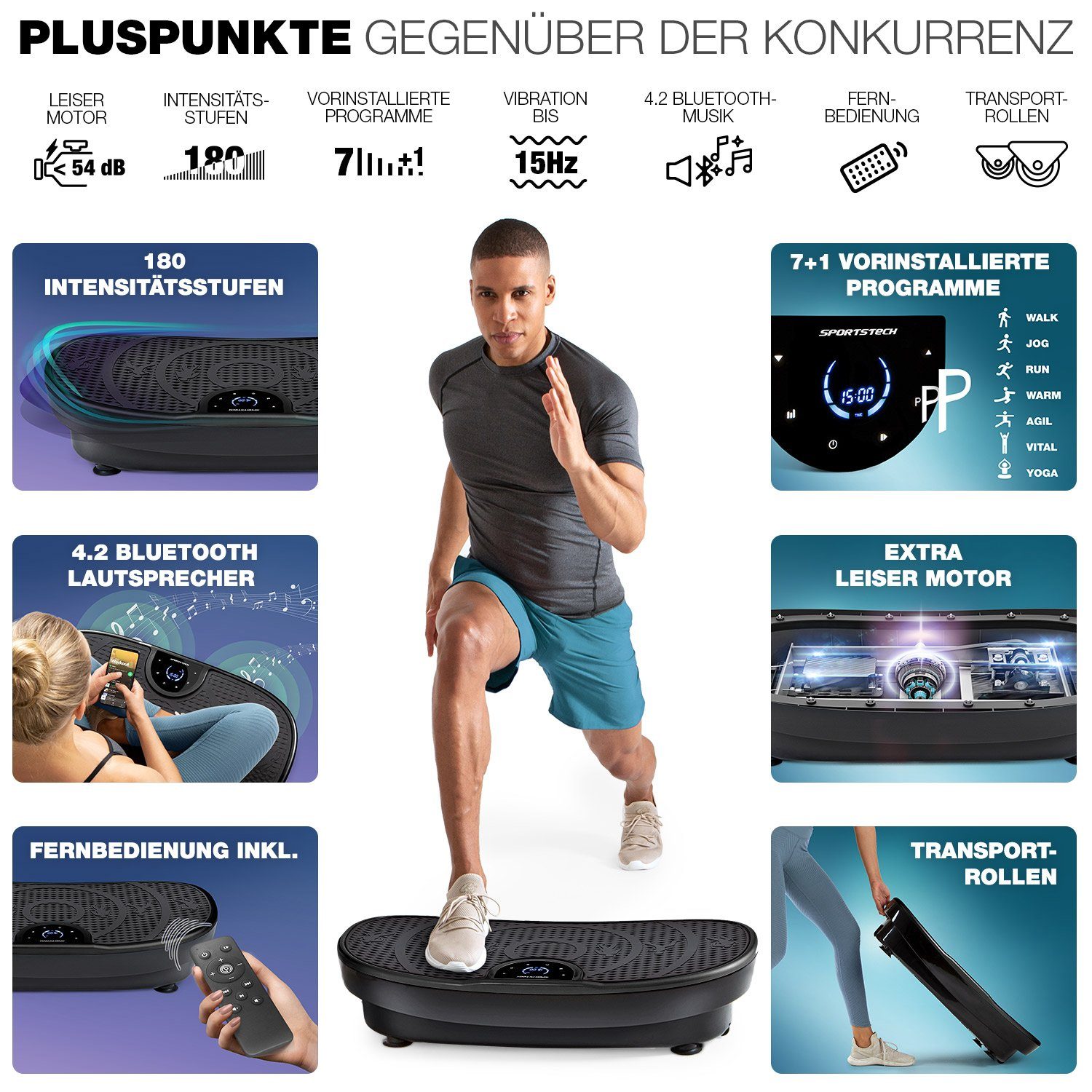 Sportstech Vibrationsplatte VP250, 200,00 W, 99 Intensitätsstufen, 5x EXTRA Sportstech Fitness-Bänder