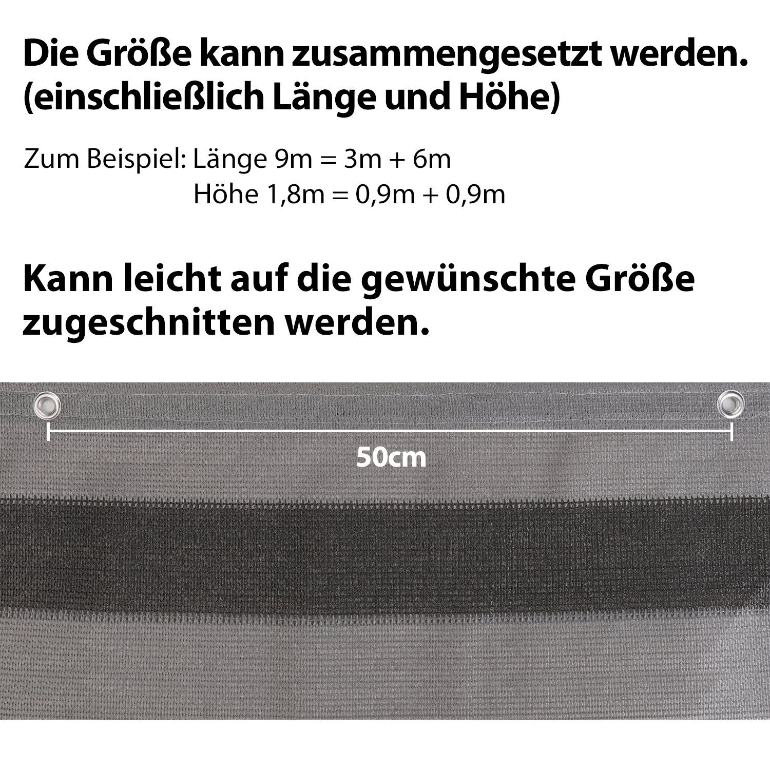 Sekey Balkonsichtschutz HDPE Balkonverkleidung Sonnenschutz für Balkon Sichtschutz ohne Bohren Grau-weiß-schwarz gestreift, mit Aluminiumösen