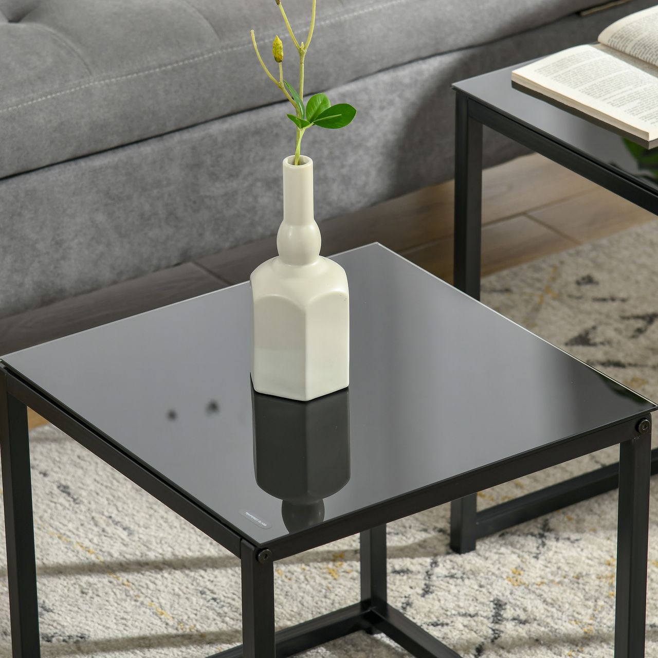 HOMCOM Beistelltisch 2er-Set, Couchtisch-Set, Kaffeetisch mit Glastischplatte