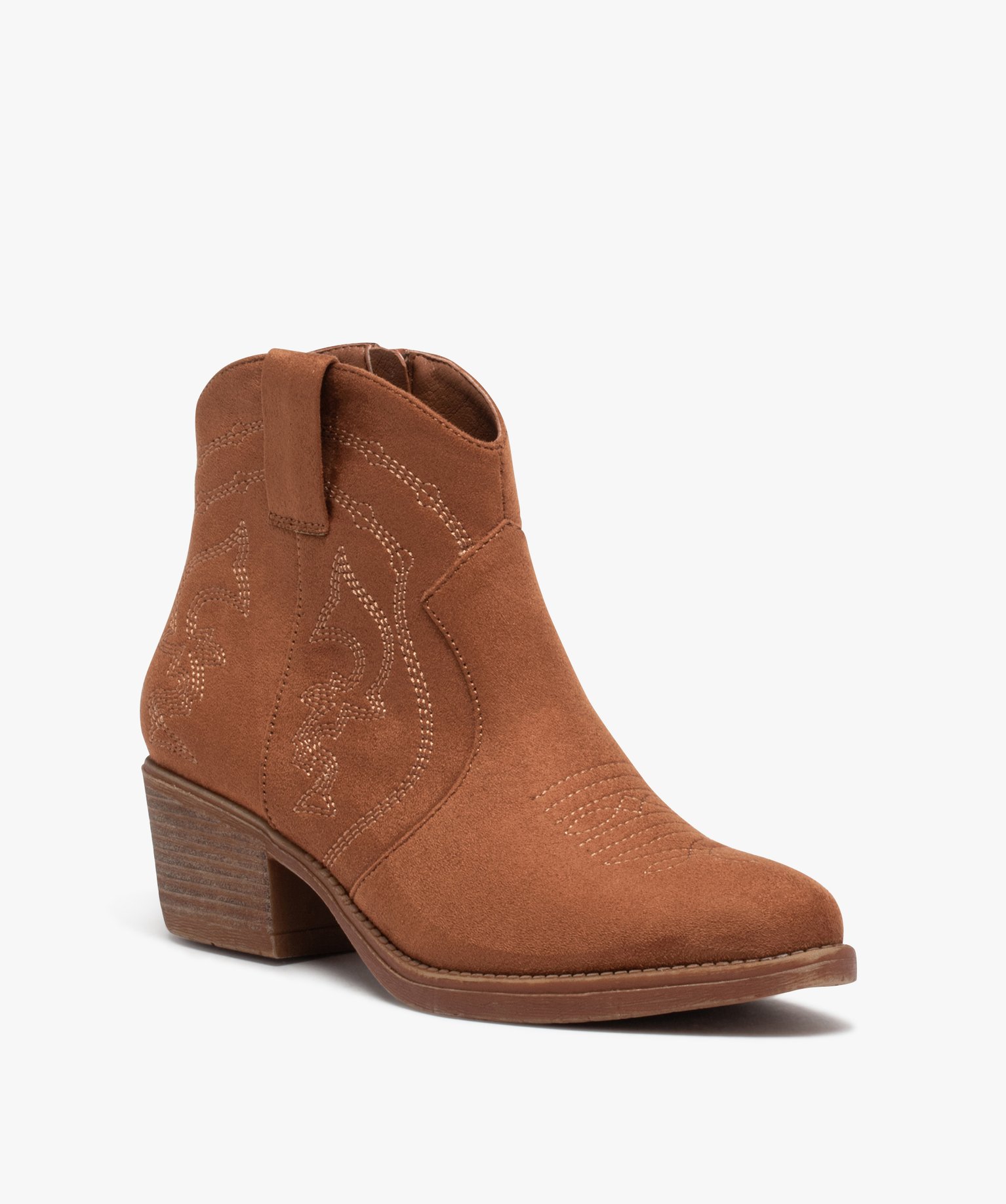 Boots santiags à talon en suédine brodée femme camel | GEMO