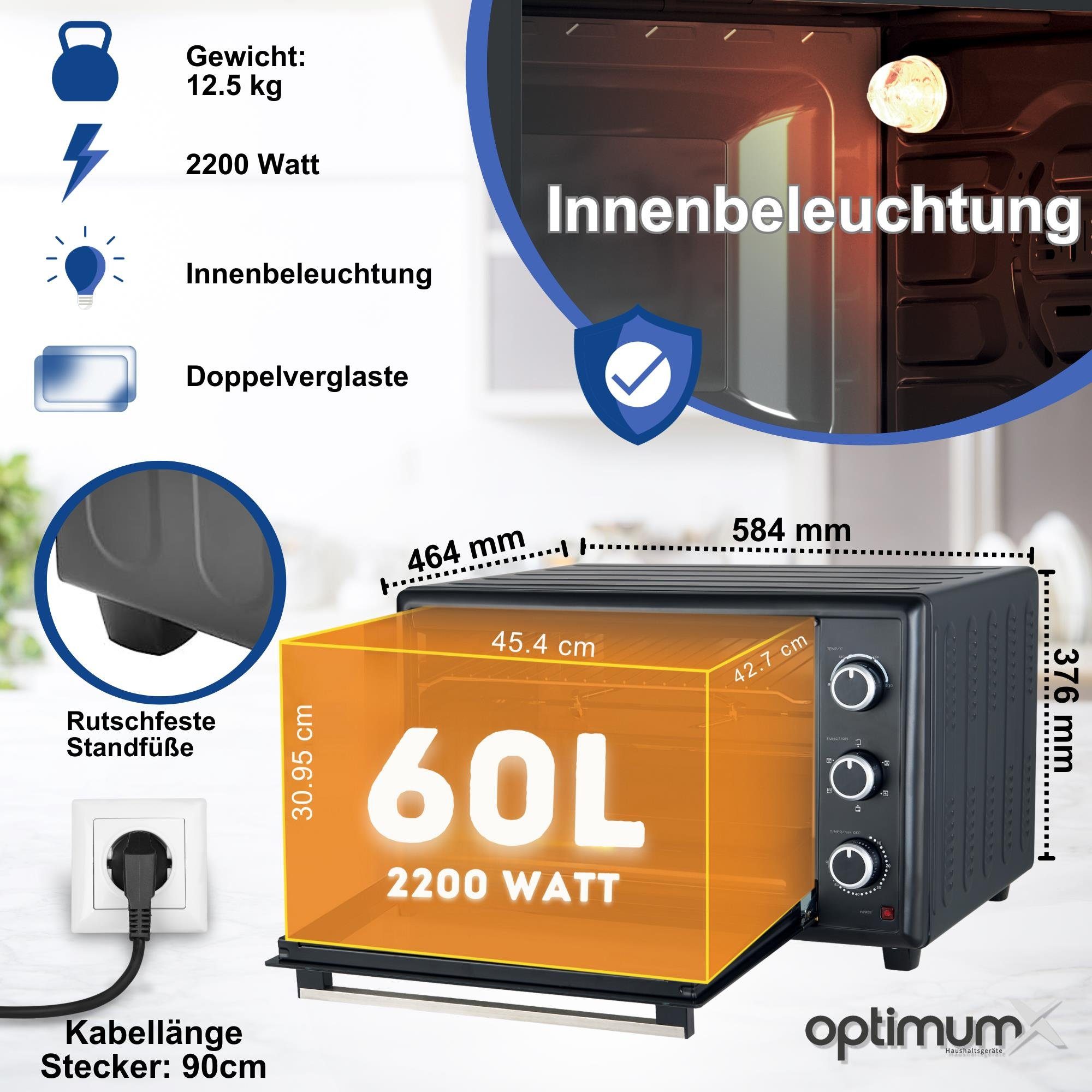 optimumX Minibackofen 60 Liter XXL mit Umluft, 2200W, Backblech und Gitter-Set, 5 Kochfunktionen, 60 min, Doppelverglassung, 90-230°C