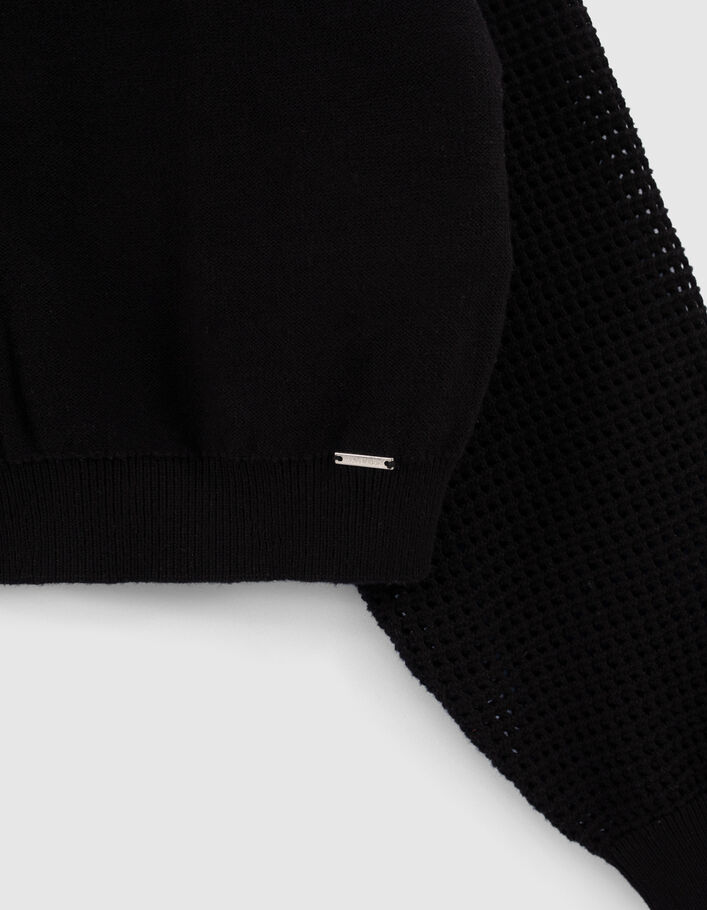 Cardigan cropped noir tricot manches ajourées fille