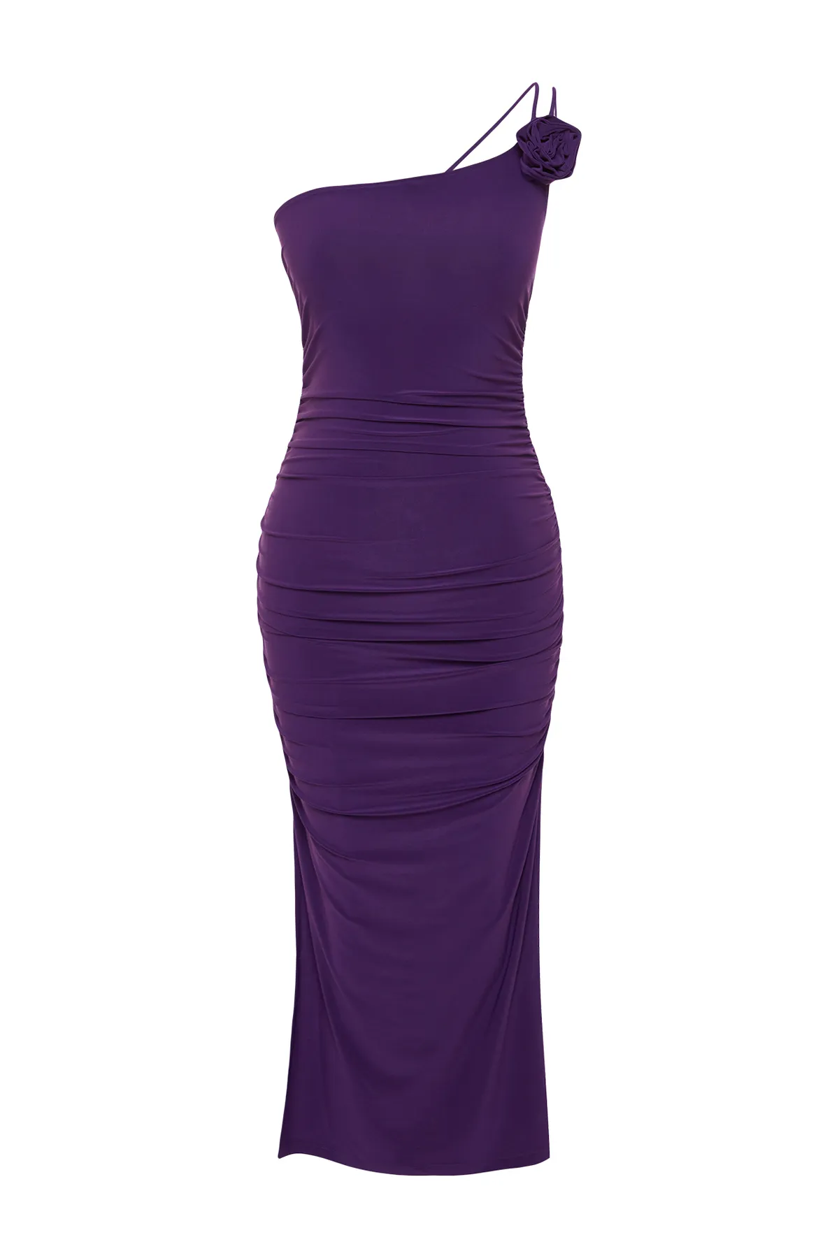 Trendyol Collection  Purple Accessory Rose Detailliert gerafftes Bodycon/tailliertes Stretch-Strick-Midi-Bleistiftkleid TWOSS24EL00413