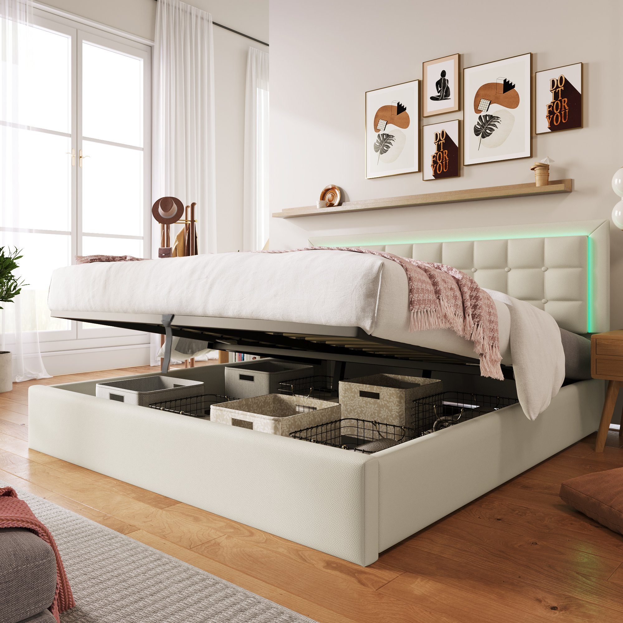 Ulife Polsterbett Weiß Doppelbett LED-Beleuchtung Kunstleder mit Stauraum, 140 X 200 cm