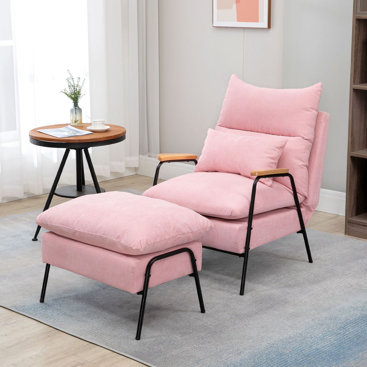HOMCOM Ohrensessel mit Hocker, Relaxsessel mit neigbarer Rückenlehne, Rosa