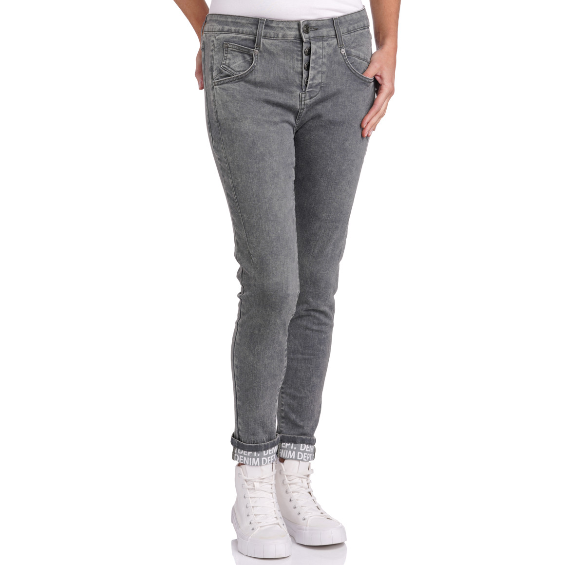 Damen Slim-Jeans mit bedrucktem Beinumschlag