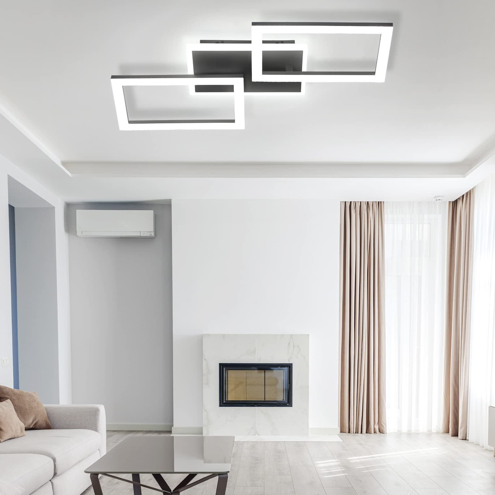 ZMH LED Deckenleuchte Drei Rechtecken Kristall Modern LEDs für Schlafzimmer 57*48cm, Dimmbar, LED fest integriert, warmweiß-kaltweiß, Schwarz
