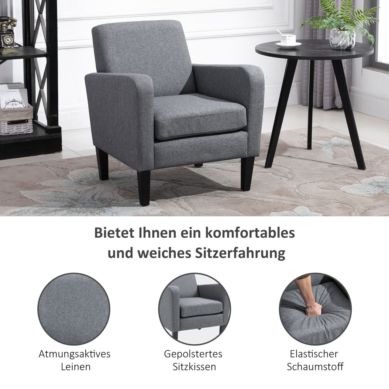 HOMCOM Einzelsessel Relaxsessel Einzelstuhl Polstersessel Holzfüße Leinenstoff Hellgrau 66 x 72 x 74 cm