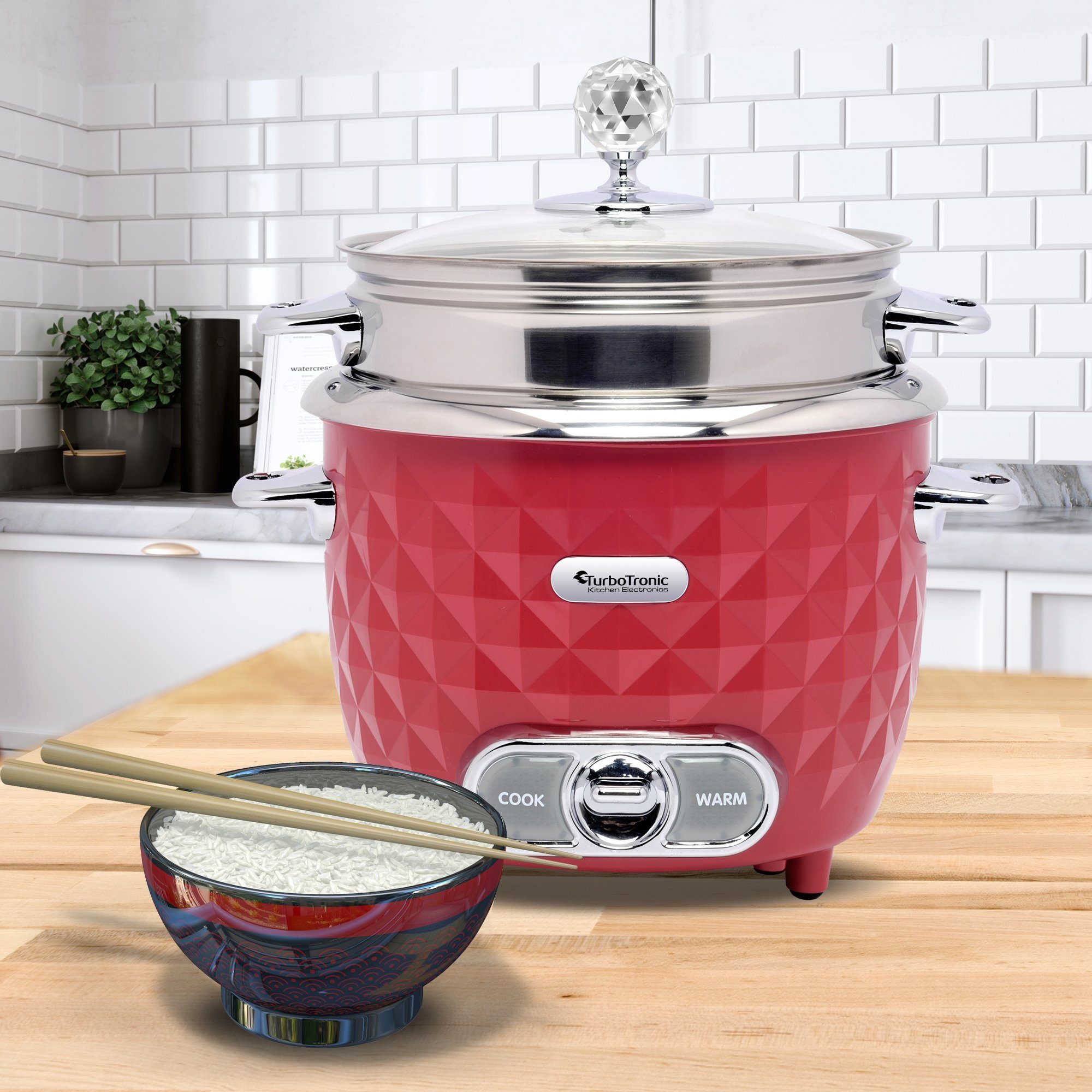 TurboTronic by Z-Line Reiskocher 1 Liter mit Dampfgareinsatz aus Edelstahl PLASTIKFREI, 400 W, mini Design Dampfgarer kleiner Reistopf Milchreis Cooker