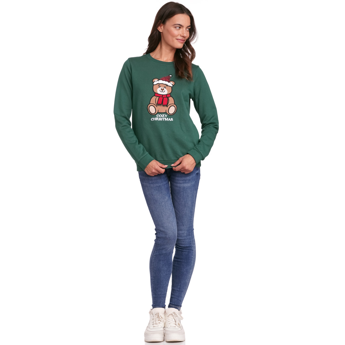 Damen Weihnachtssweatshirt mit Applikation dunkelgrün