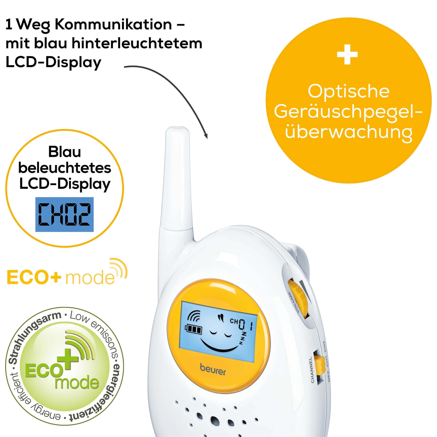 Beurer Analoges Babyphone BY 84-Raumüberwachungsgerät mit hoher Reichweite von 800 m