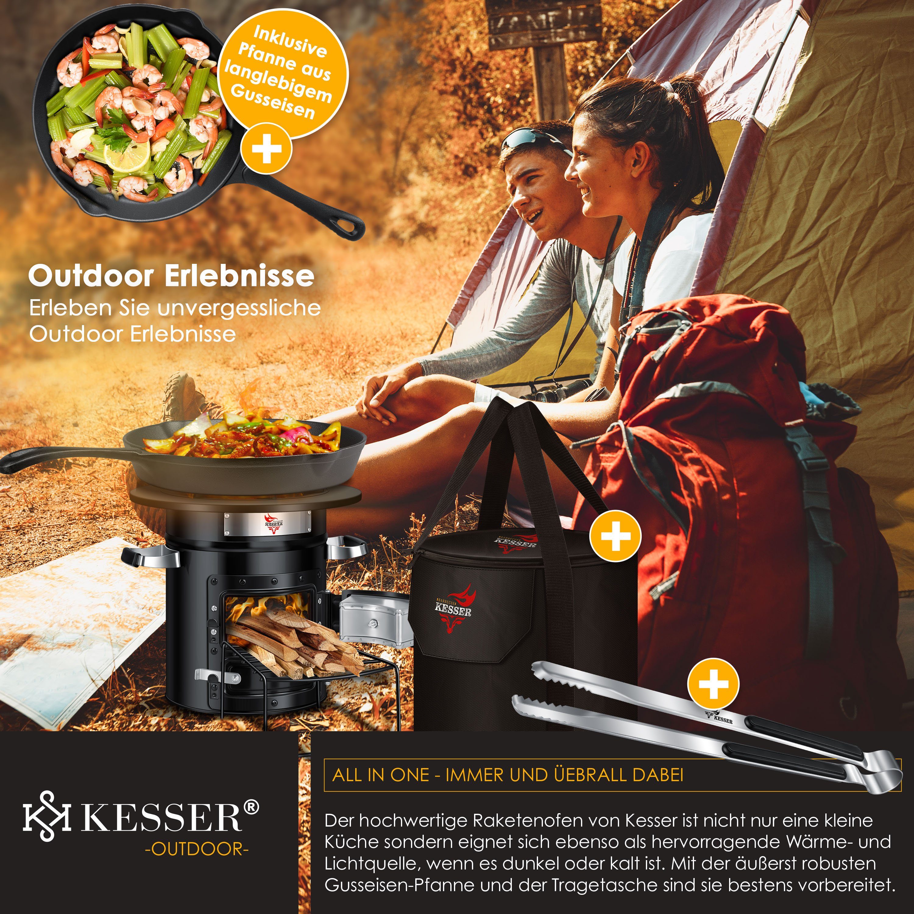 KESSER Feuerstelle, Raketenofen Inkl. Grillpfanne aus Gusseisen mit Tragetasche
