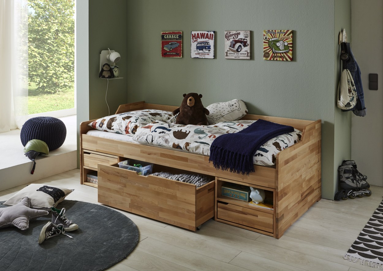 Relita RELITA - Kojenbett LEVI 90x200 Buche massiv natur lackiert, inkl. Rollrost, 3 Schubladen, 2 Fächer
