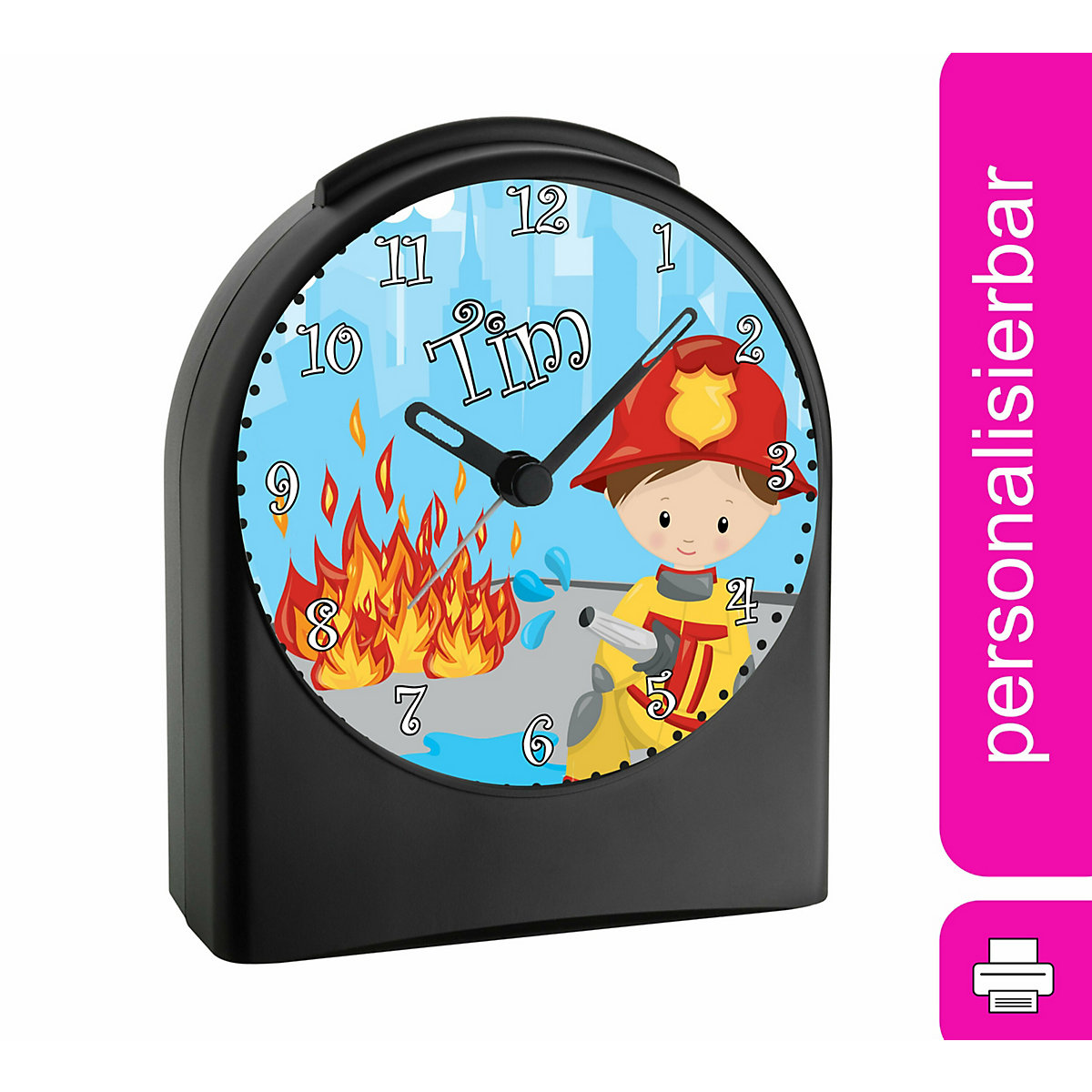 Kinder Funkwecker personalisiert mit Namen Feuerwehrmann Atom-/Funkuhr, 12-Stunden-Anzeigeformat, Schlummerfunktion, Nachtlicht, Geräuschlos/Ohne Ticken