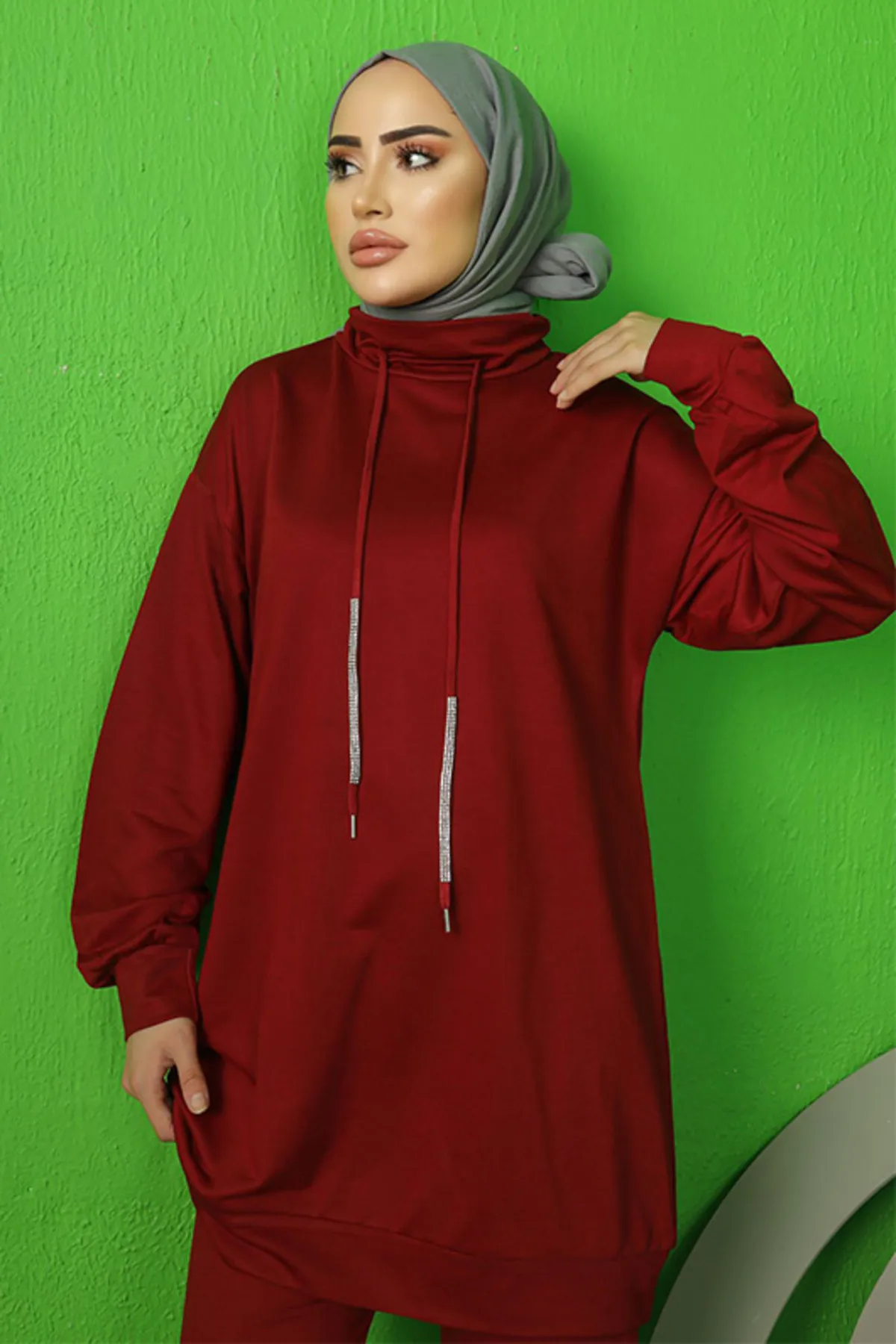 benguen  3410 Zweifädiger Hijab-Doppelanzug in Weinrot