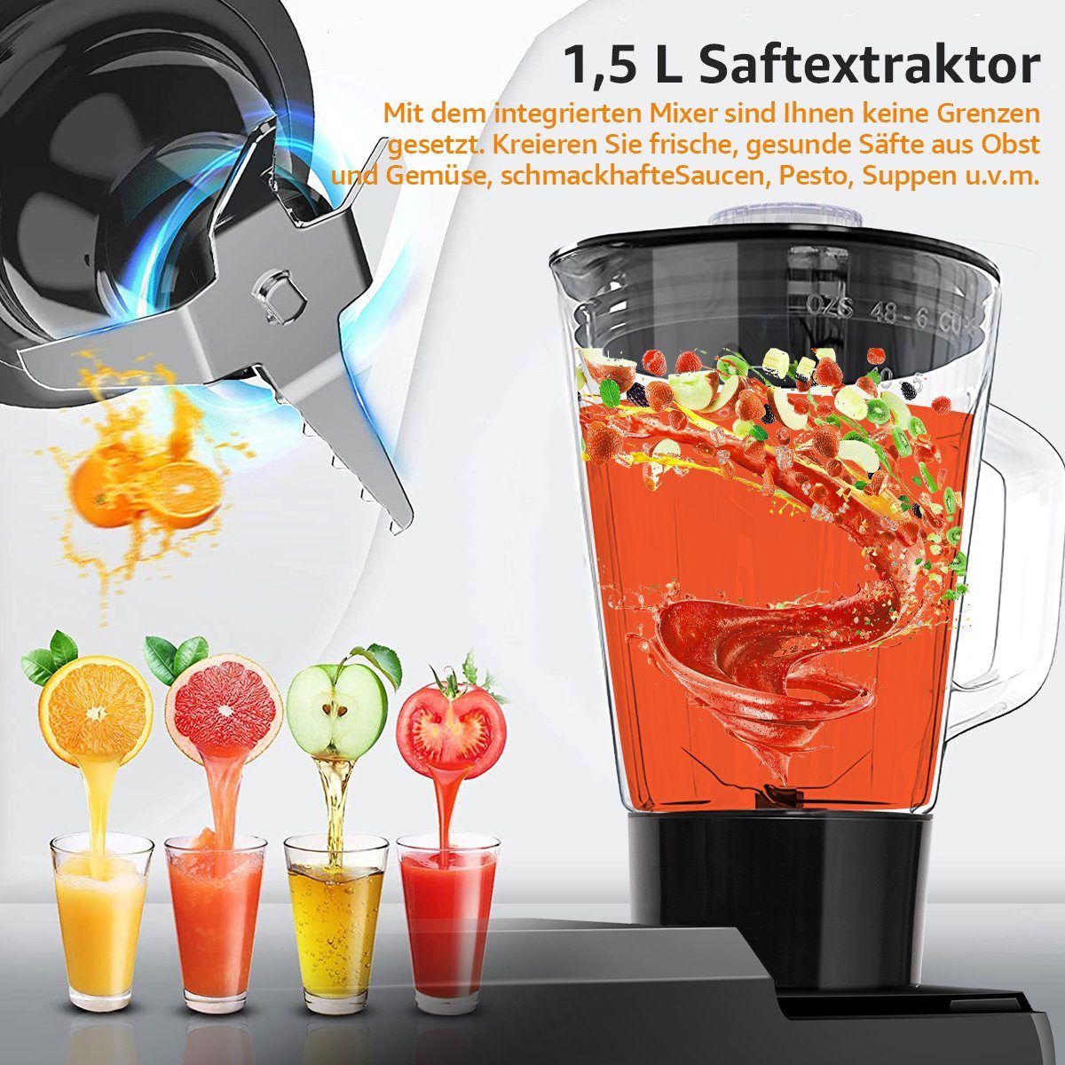7Magic Küchenmaschine 5 in 1 Multifunktions Standmixer, 1500 W, 7 l Schüssel, 6+0 Geschwindigkeiten und vollem Zubehör