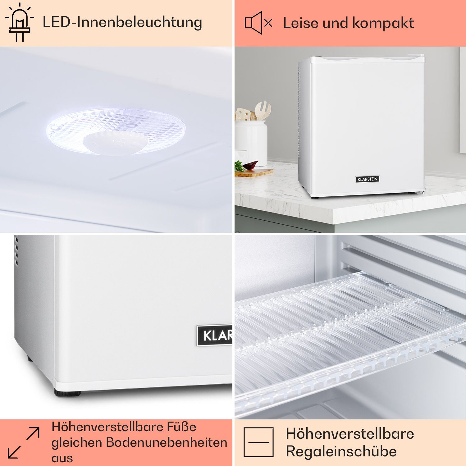 Klarstein Table Top Kühlschrank HEA-HappyHour-24Wht 10035241A, 47 cm hoch, 38 cm breit, Hausbar Minikühlschrank ohne Gefrierfach Getränkekühlschrank klein