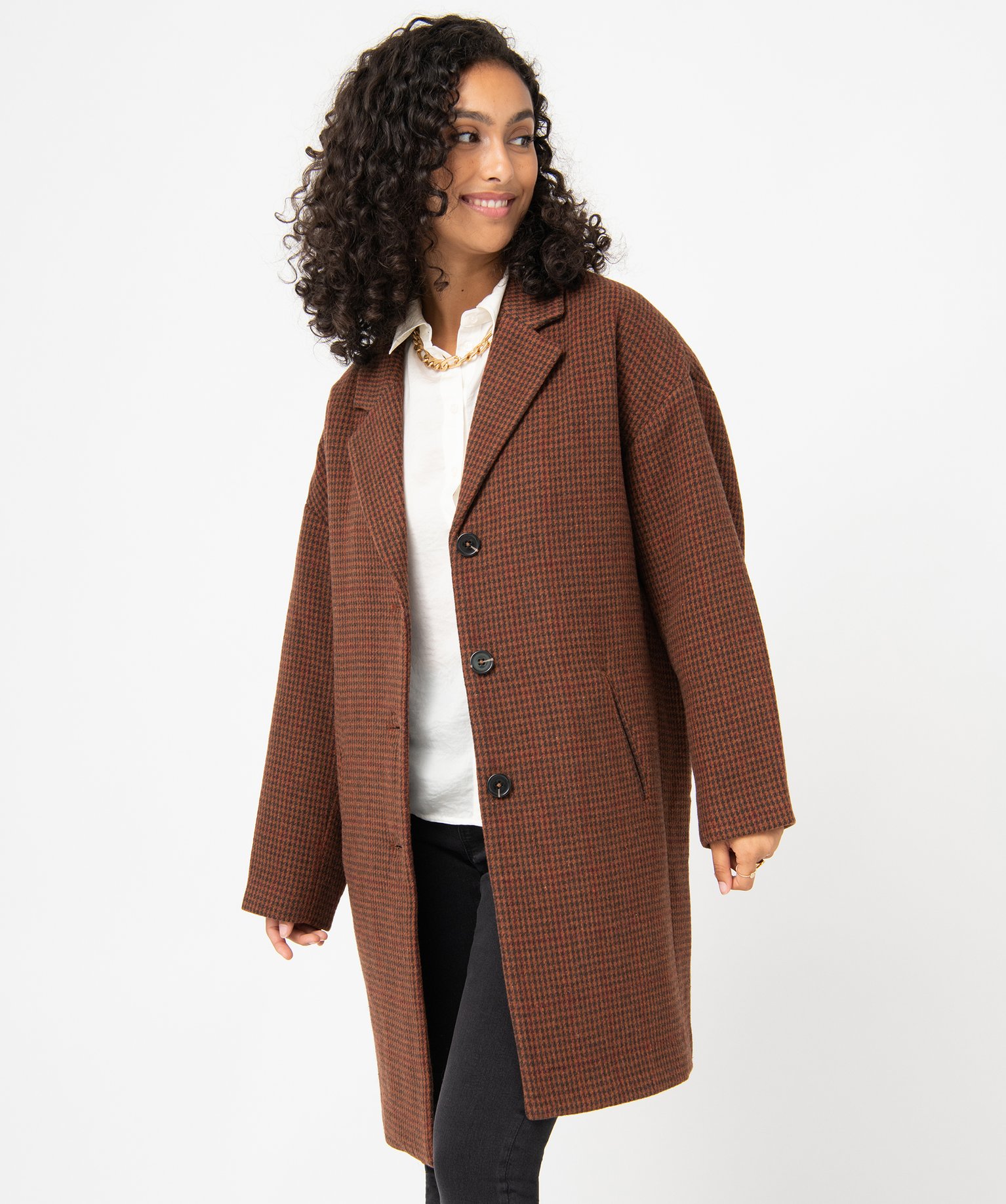 Manteau femme en drap de laine motif pied-de-poule orange | GEMO