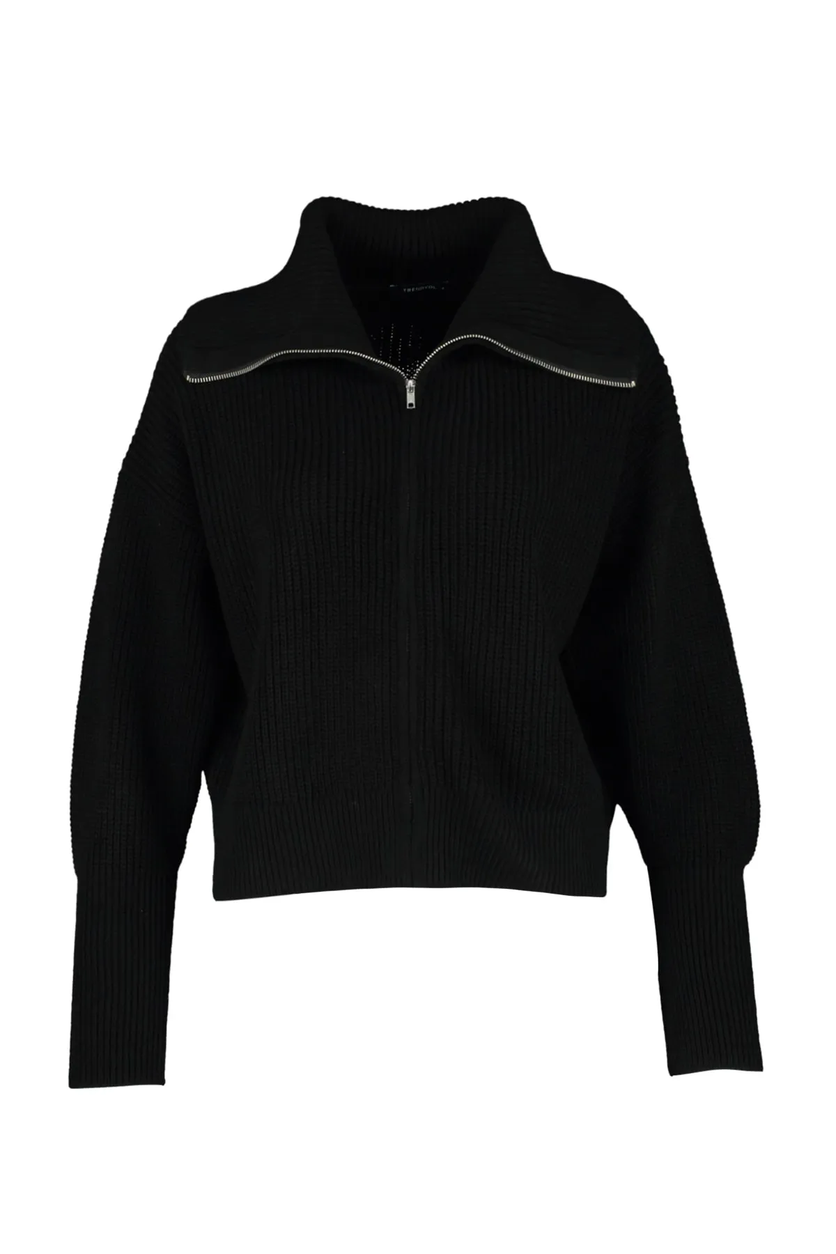 Trendyol Collection  Schwarzer Strick-Cardigan mit Degaje-Kragen und Reißverschluss TWOAW24HI00072