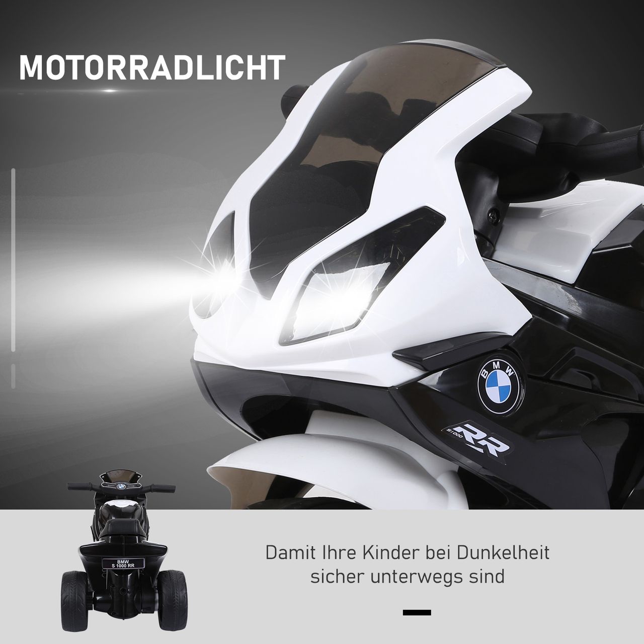 HOMCOM Elektro Kindermotorrad Kinderfahrzeug Lizensiert von BMW S1000RR Elektro-Dreirad mit Akku Stahl Schwarz 66 x 37 x 44 cm