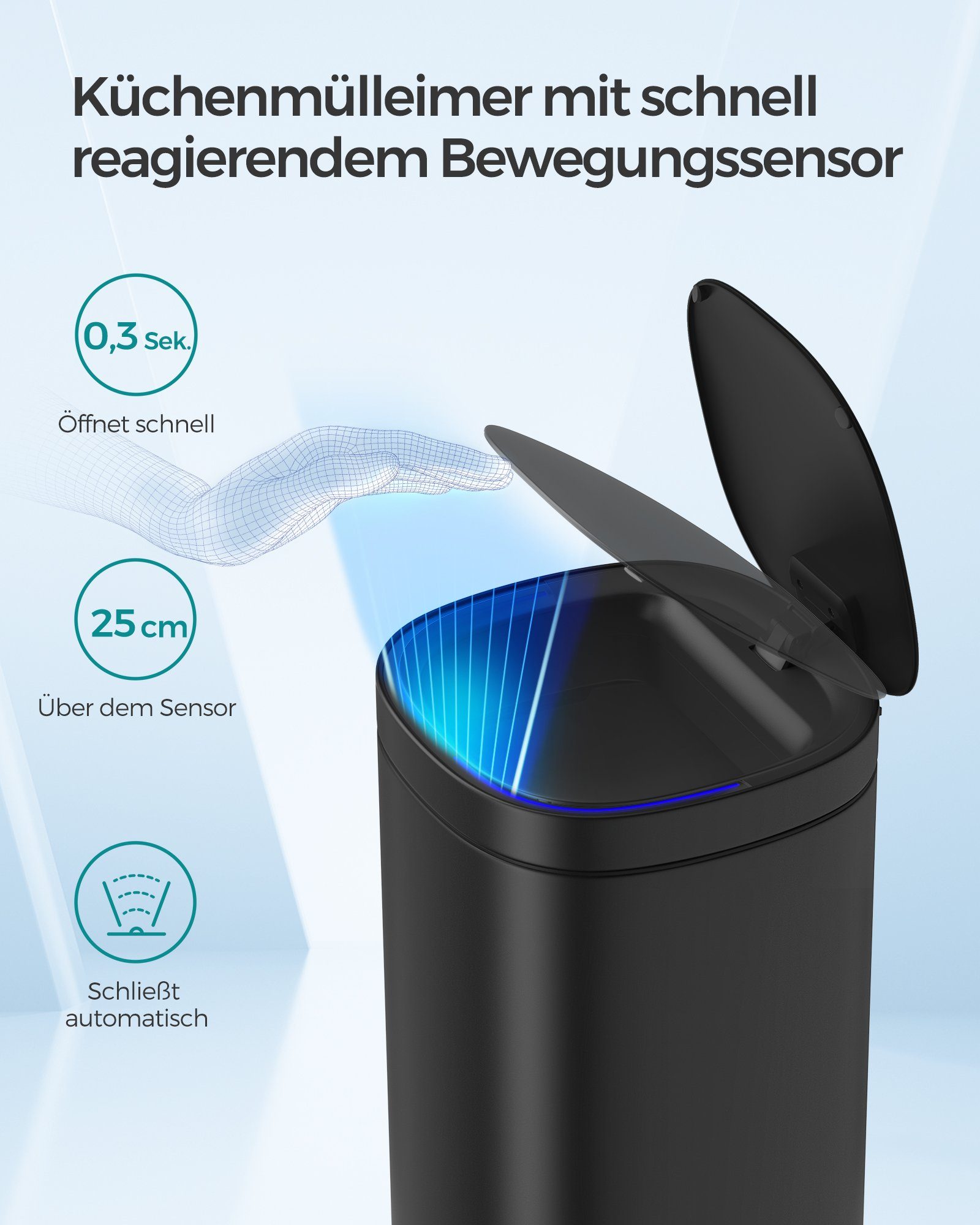 SONGMICS Mülleimer 50 L, Abfalleimer, Bewegungssensor, Geruchsbeseitigung