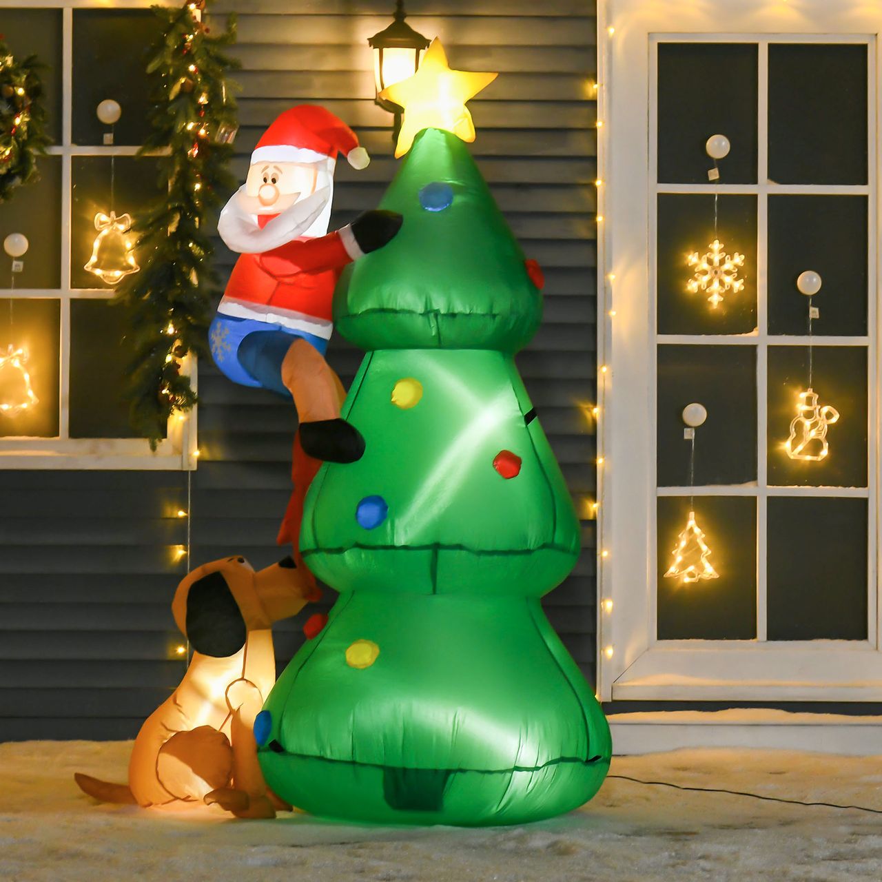 HOMCOM Aufblasbarer Weihnachtsbaum mit Weihnachtsmann und dem Hund 180 cm Weihnachtsdeko Weihnachtsbeleuchtung LED Selbstaufblasend Polyester Grün 123 x 85 x 180 cm