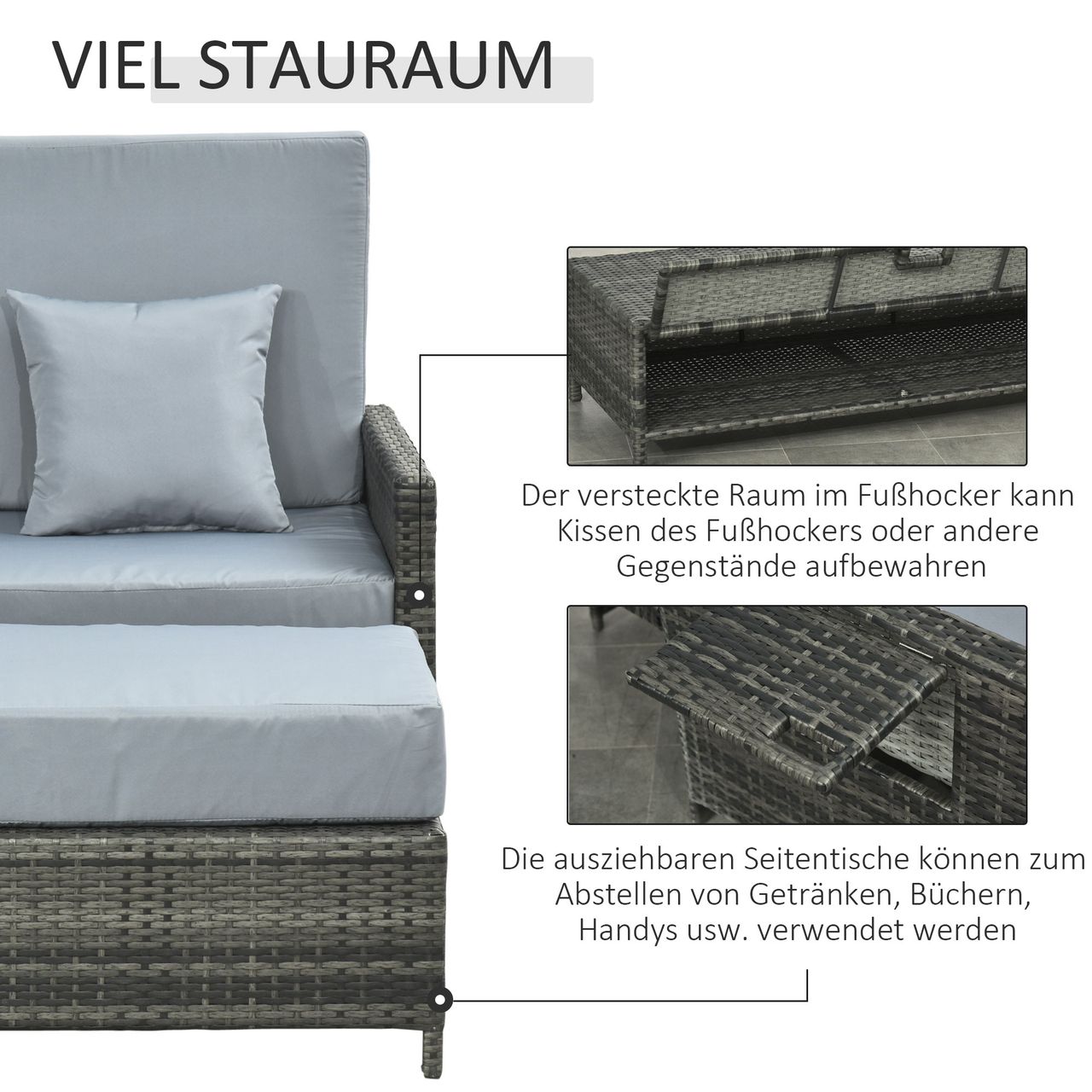 Outsunny Polyrattan Lounge-Sofa Gartensofa 2-Sitzer mit Kissen Grau