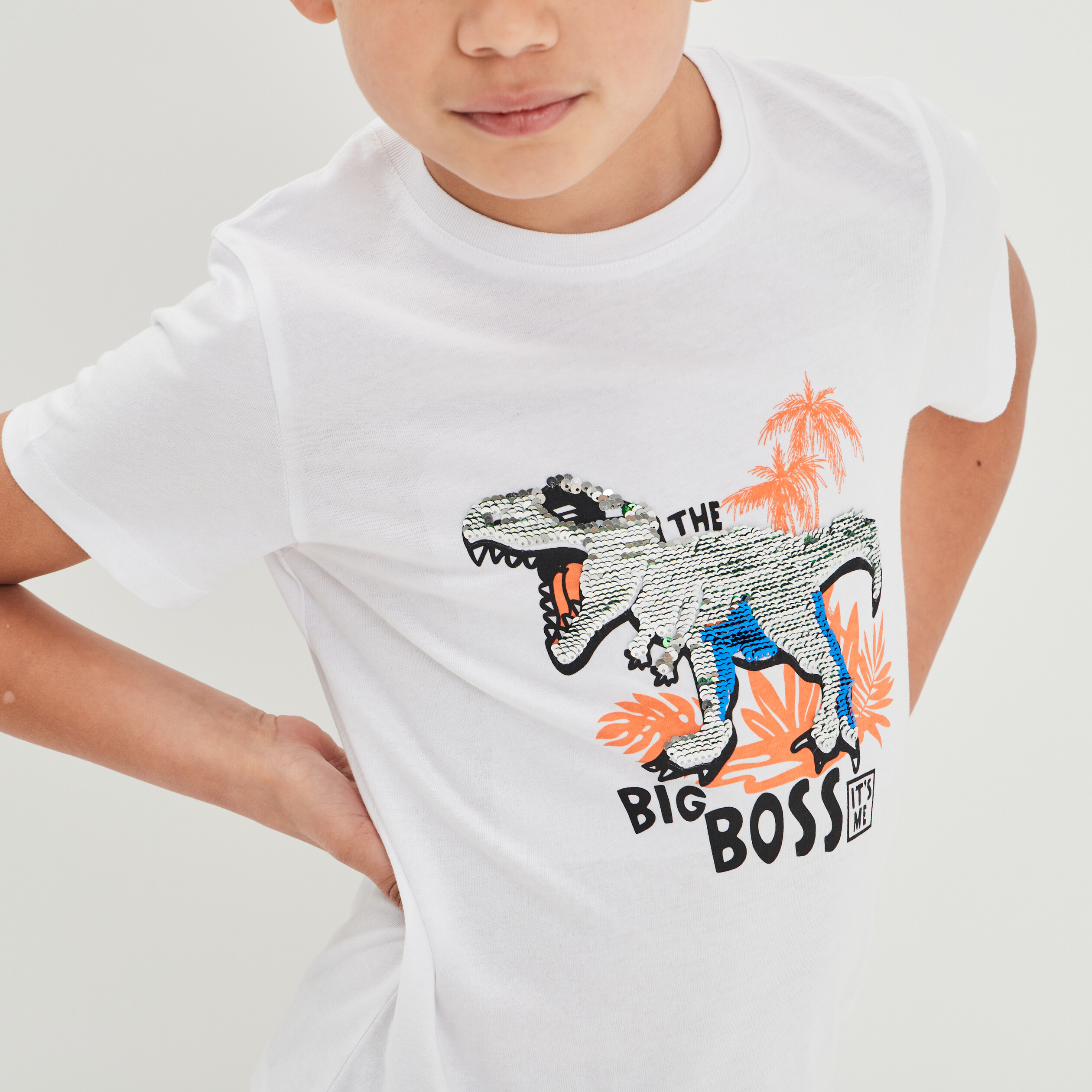 T-shirt manches courtes sequins blanc garçon | La Halle
