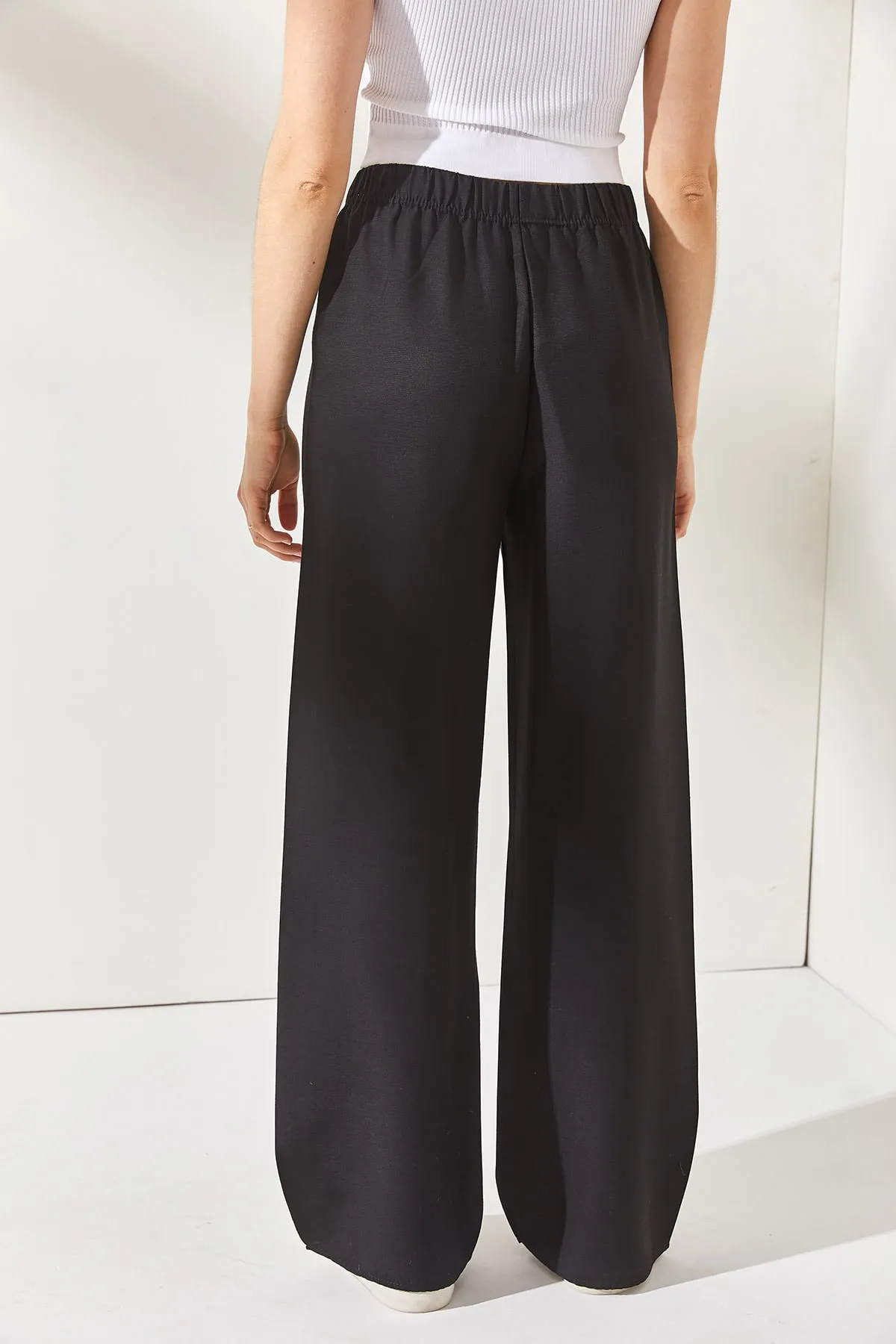 Olalook  Schwarze Palazzo-Leinenhose mit elastischem Bund und Schnürung für Damen PNT-19000219