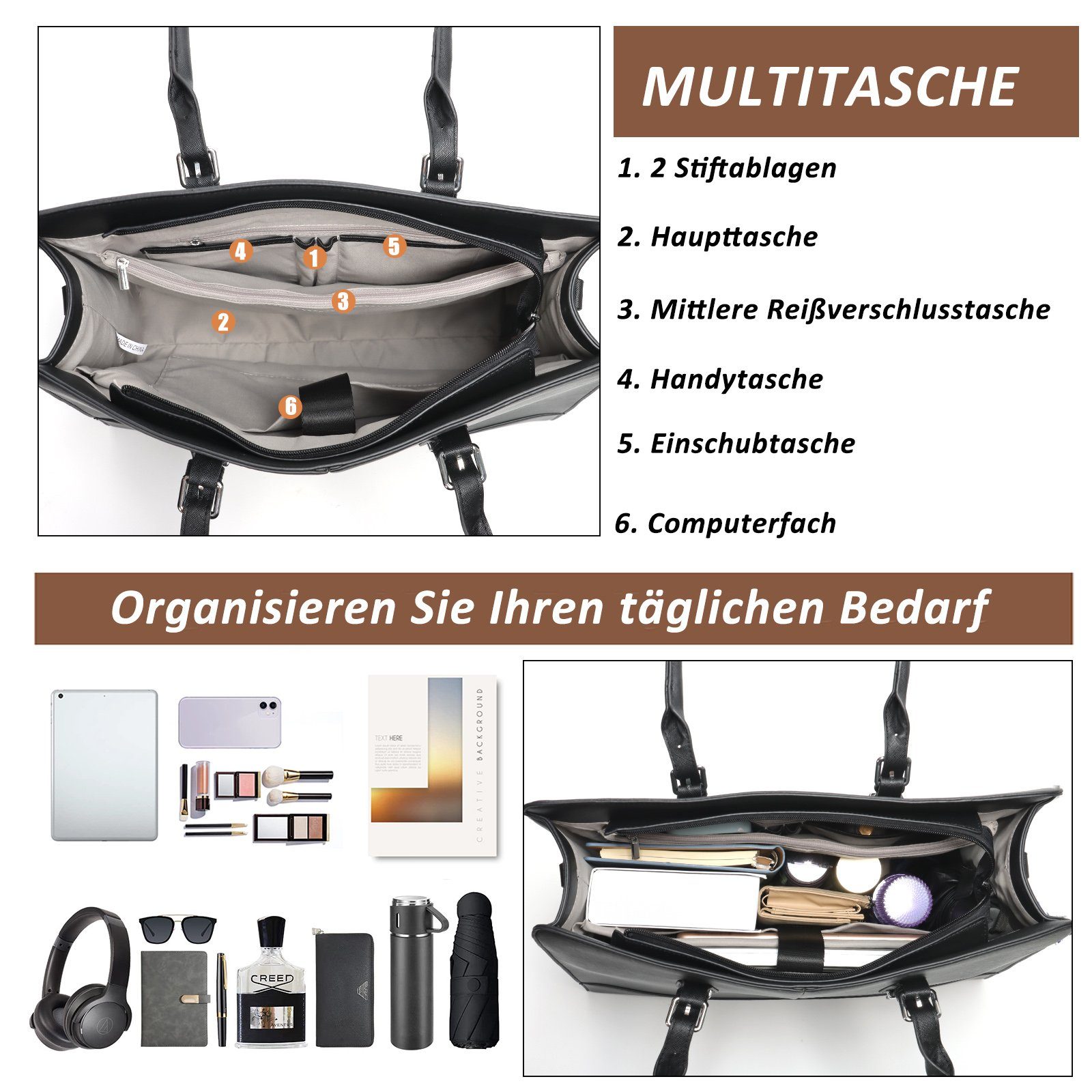 TAN.TOMI Aktentasche Damen Businesstasche Große Handtasche Damen Schultertasche, 15.6 Zoll Elegant Umhängetasche für Büro Arbeit Schule