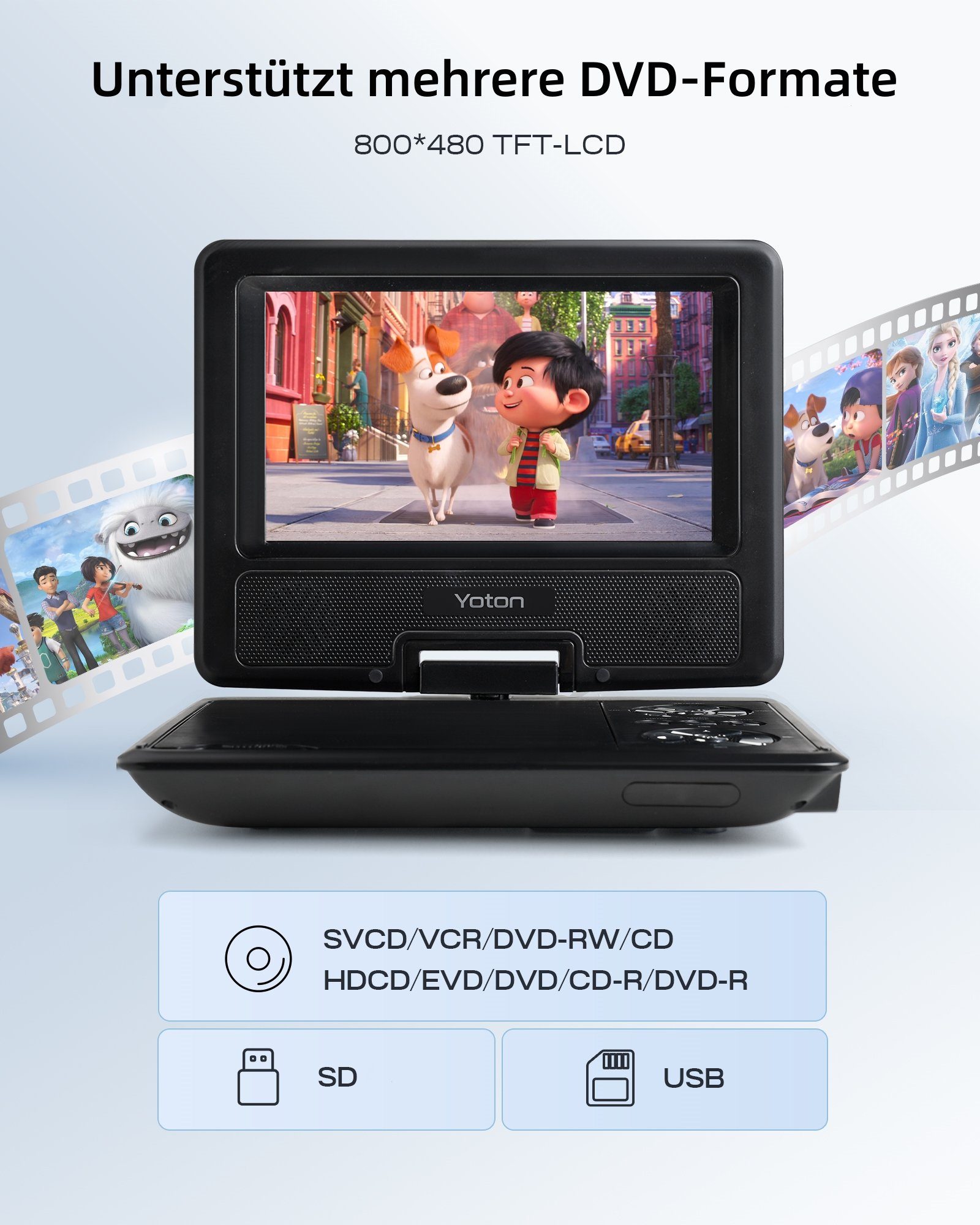 Yoton Portabler DVD-Player (7.5 inch, Haltepunkt-Speicherfunktion, Drehbarer Bildschirm, 4-6 Stunden Standby)