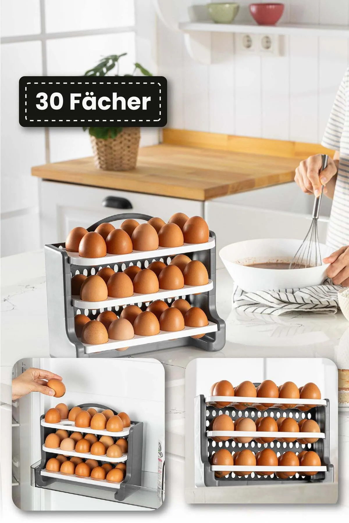 Viwares  30-Fach-Eierregal Kunststoff Eier-Organizer, 3-Lagiges Eierfach