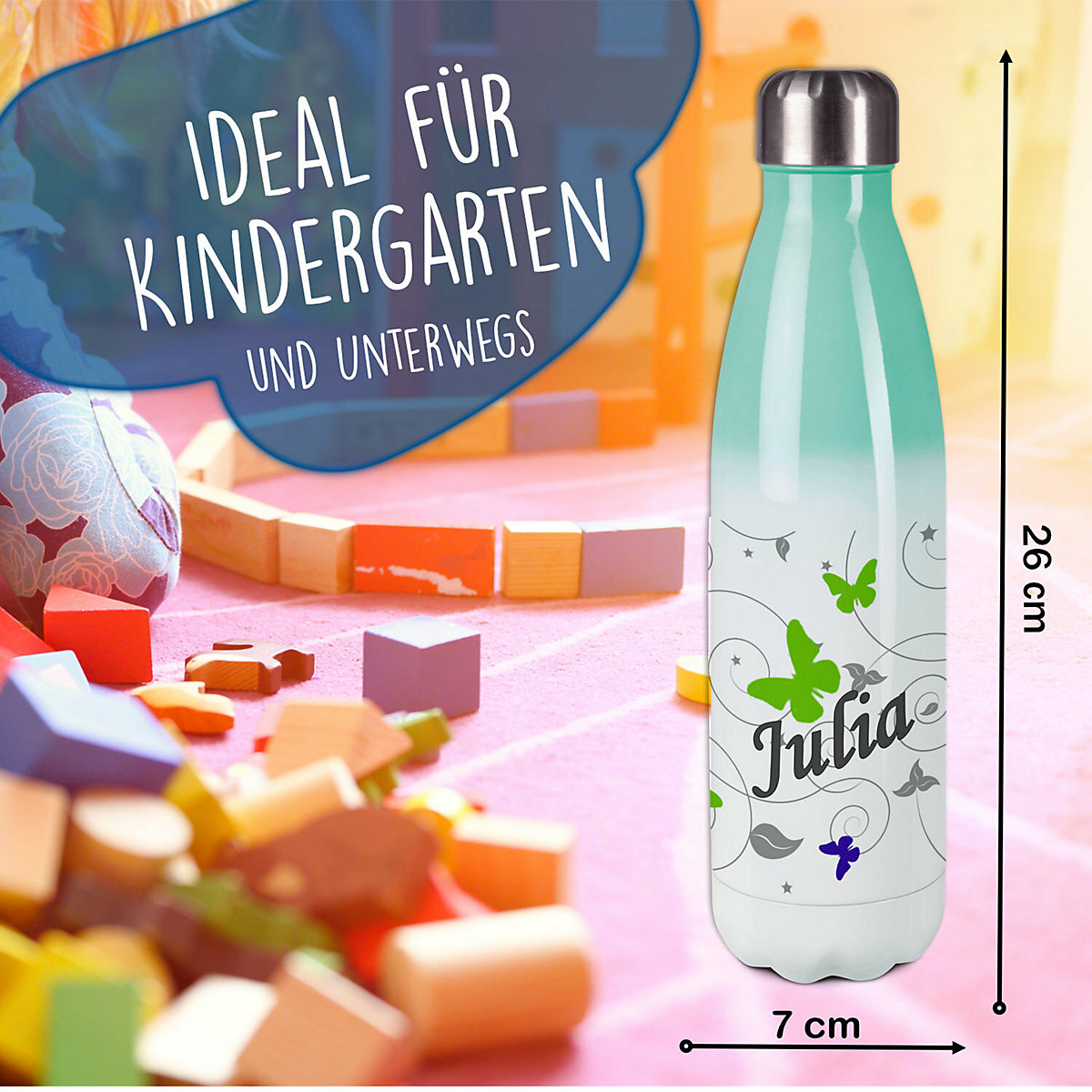 Edelstahl Kinder Thermoflasche / Trinkflasche bunt Schmetterling Ornamente Farbe blau grün Spülmaschinenfest, Auslaufsicher, Bruchfest, Doppelwandig, Für Heißgetränke geeignet, Mit Deckel, Isolie