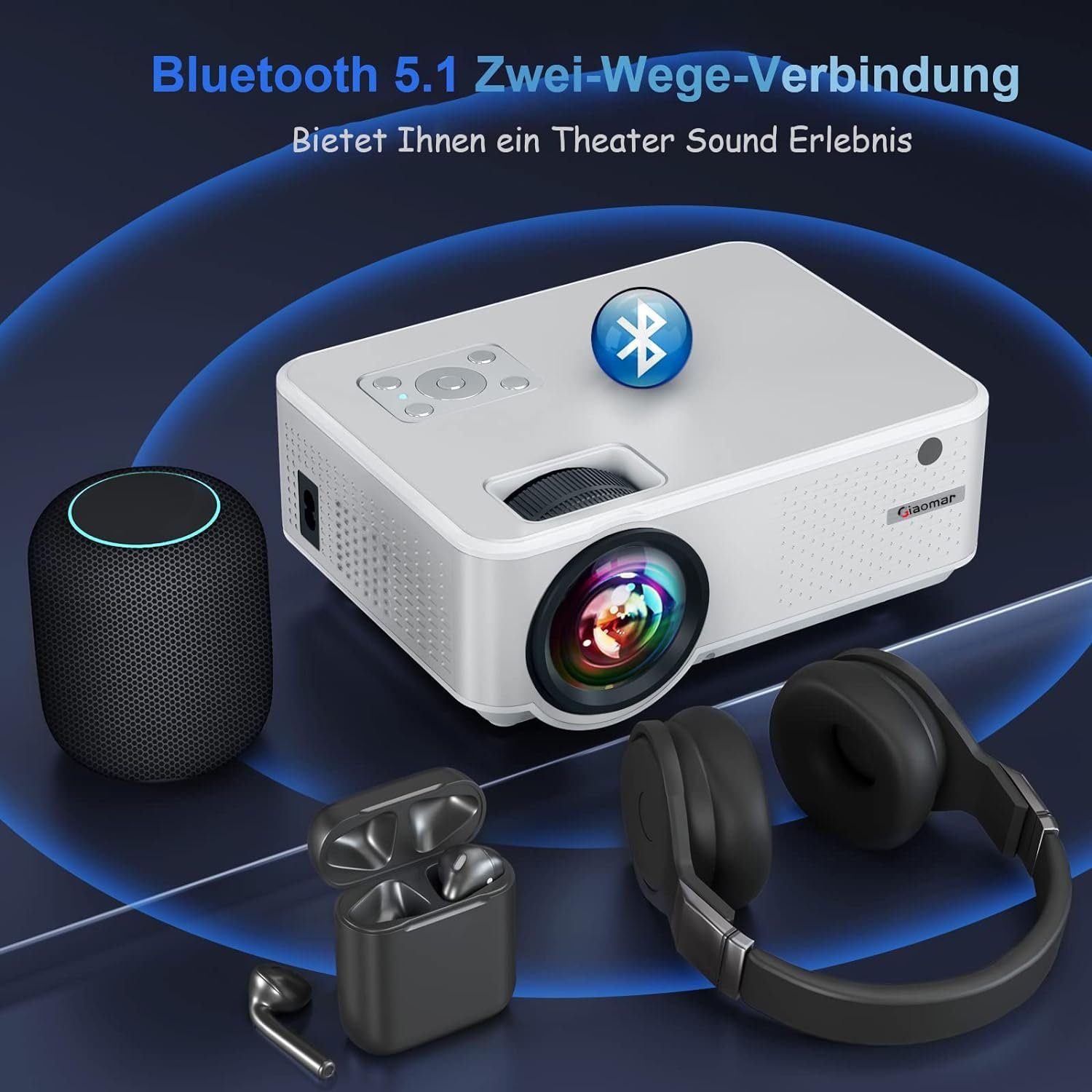 Vigpil 4K Full HD Mini Heimkino, 5G WiFi,Bluetooth, Outdoor Portabler Projektor (15000 lm, 15000:1, 3840 x 2160 px, Home Video Beamer Kompatibel mit iOS/Android/HDMI/USB/VGA/PS5/TV Stick)