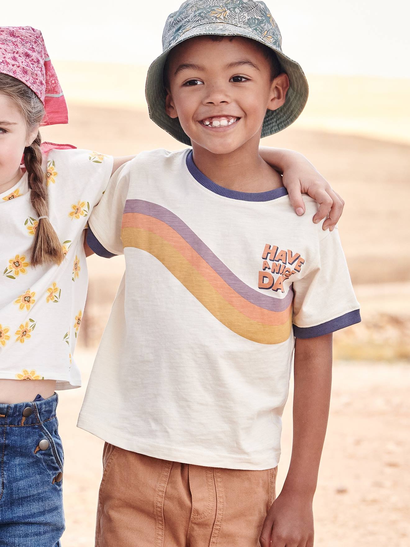Vertbaudet Jungen T-Shirt, Wellen-Print - wollweiß