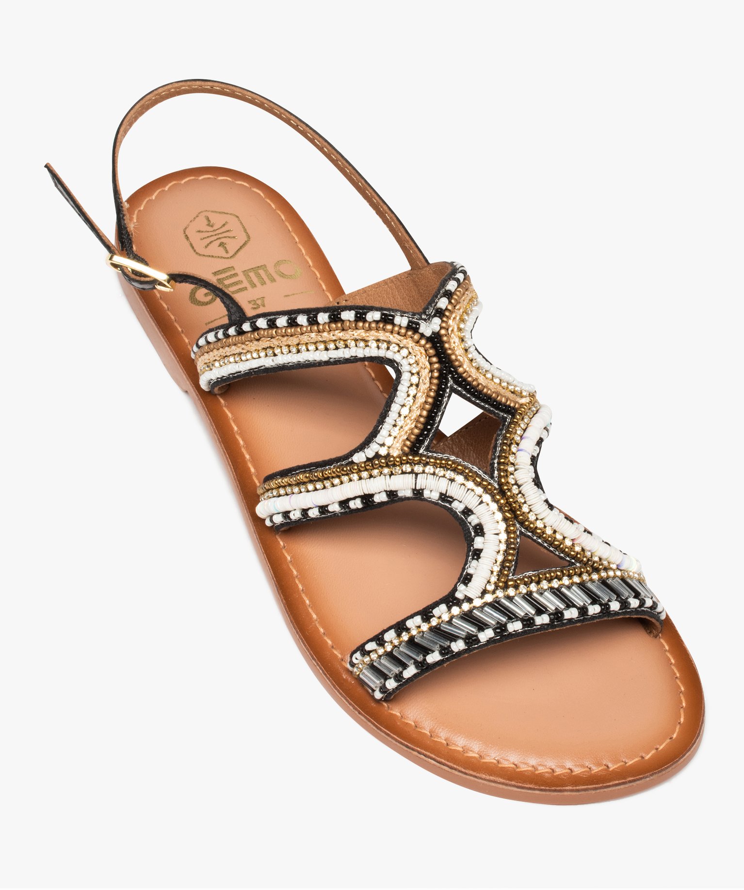 Sandales femme à talon plat ornées de perles et de strass noir | GEMO