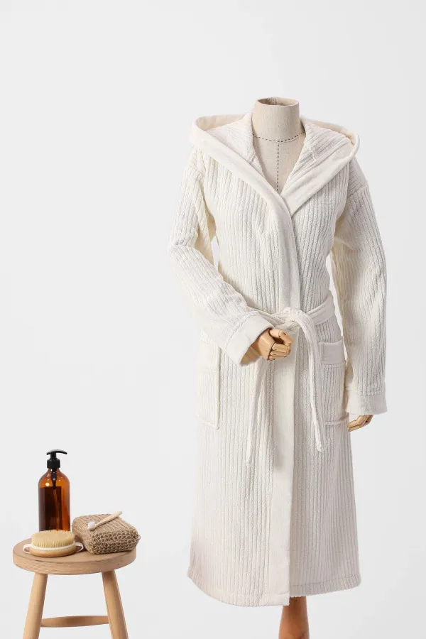 FAVORA  Nurpak Ekol Einzelbademantel aus Baumwolle mit Kapuze, Unisex, S/M, Creme