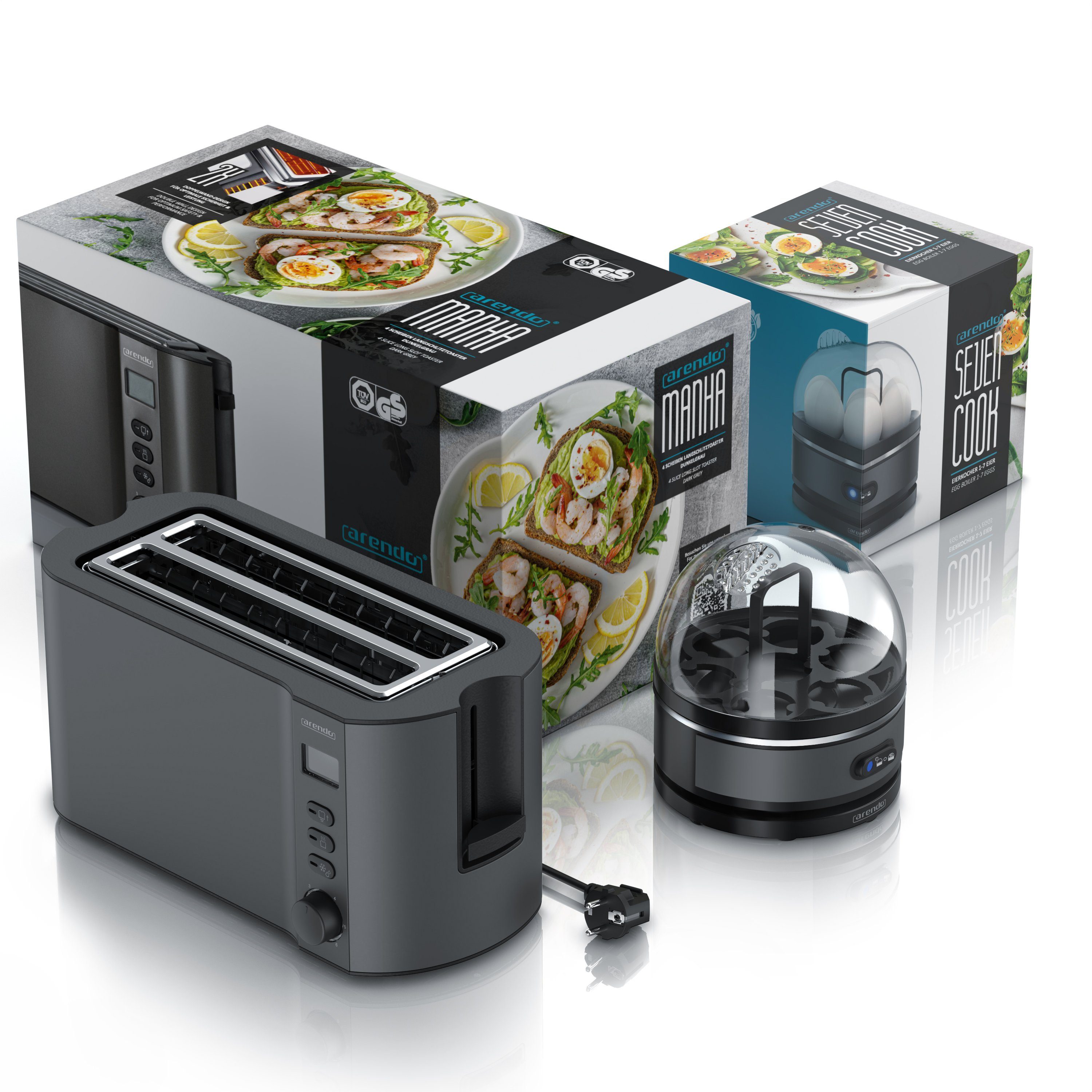 Arendo Frühstücks-Set (2-tlg), 4-Scheiben Langschlitz Toaster, 7er Eierkocher, Grau