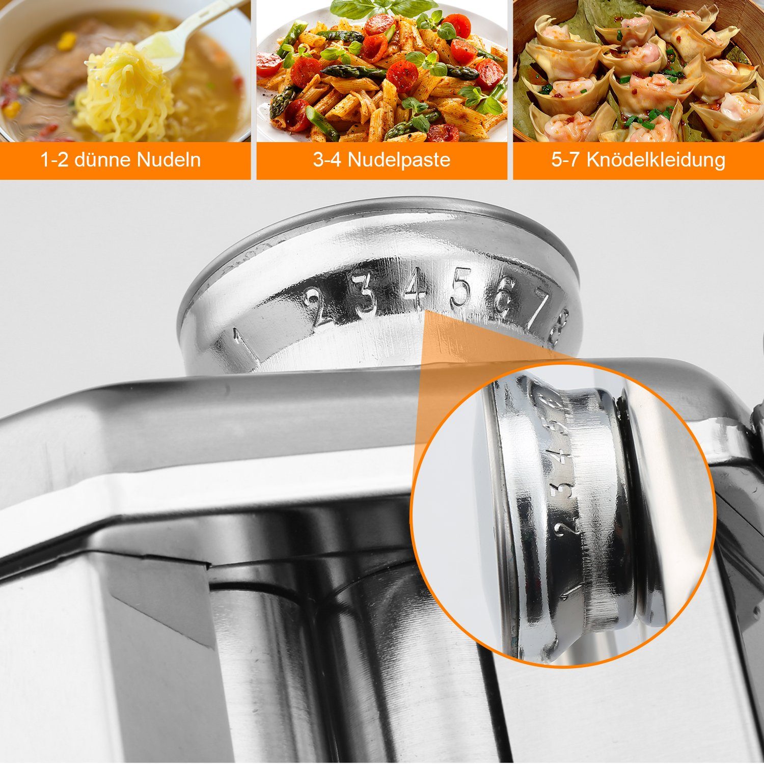 TolleTour Nudelmaschine Edelstahl Pasta Maker, 7 Einstellbare Dicke, Pastamaschine, mit 2 Schneiden, für Spaghetti Lasagne Nudeln