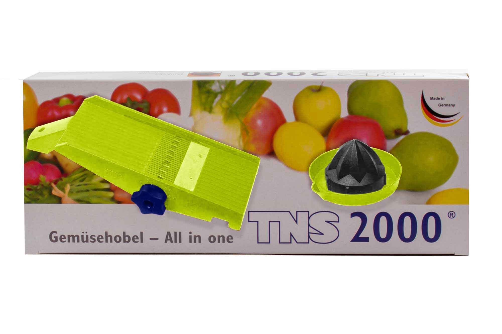 TNS 2000 Gemüsehobel TNS 2000 All in ONE Gemüsehobel Küchenhobel Gemüsereibe Kiwi, Kunststoff, (Hobel mit Restehalter, 2-St)